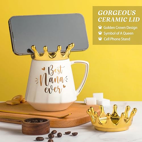 Miniatura 7 de Regalos del día de la madre para la abuela, regalos de nietos, nietos, Best Nana Ever Taza de café de cerámica con tapa de corona, 12 onzas con tapa