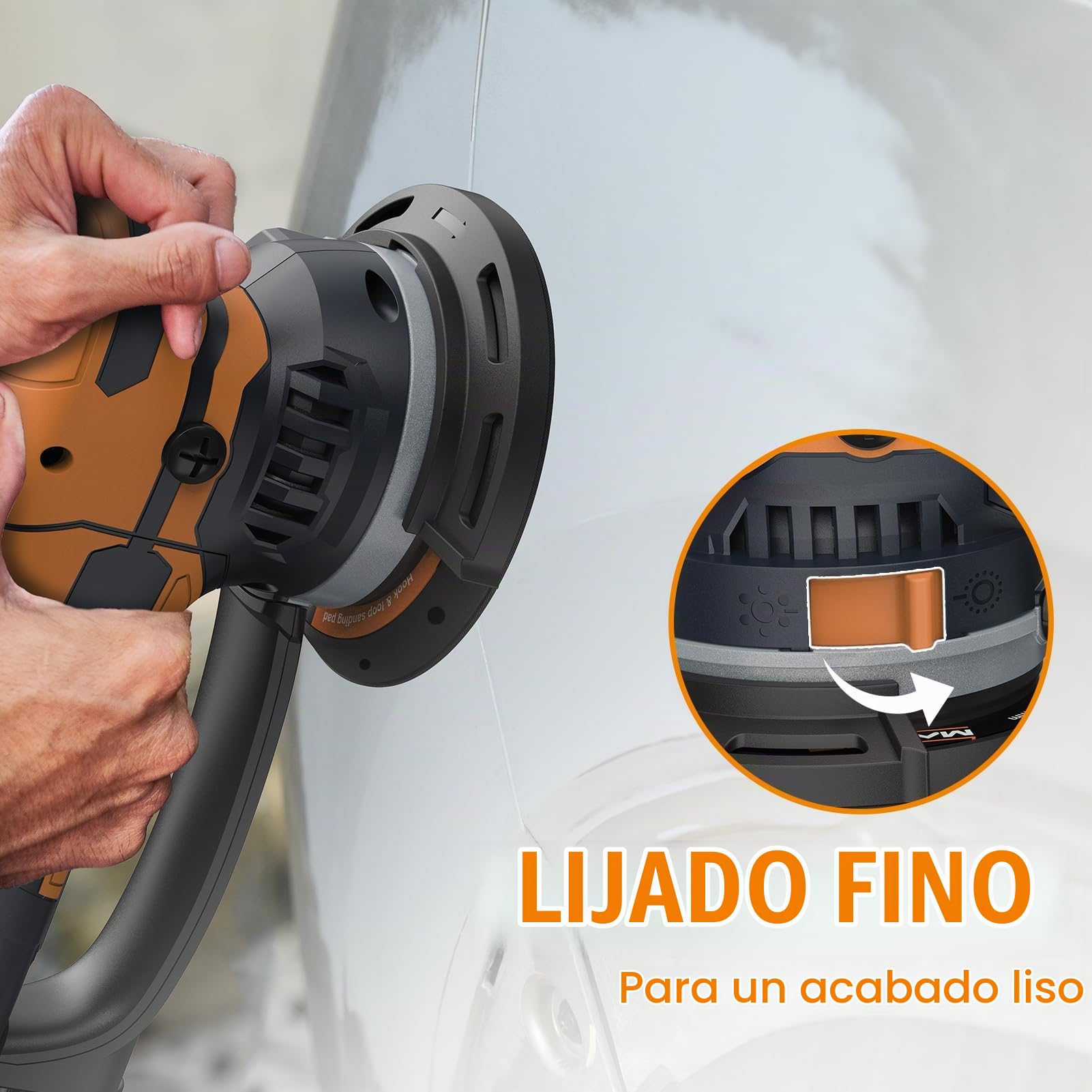 MAXXT Lijadora Orbital de Modo Dual 800W: 2 Modos (Grueso y Fino) / Extracción de Polvo de Alta Eficiencia / 6 Velocidades (3300-7400 RPM) — Ideal para Restauración de Pintura de Autos, Meta y Madera