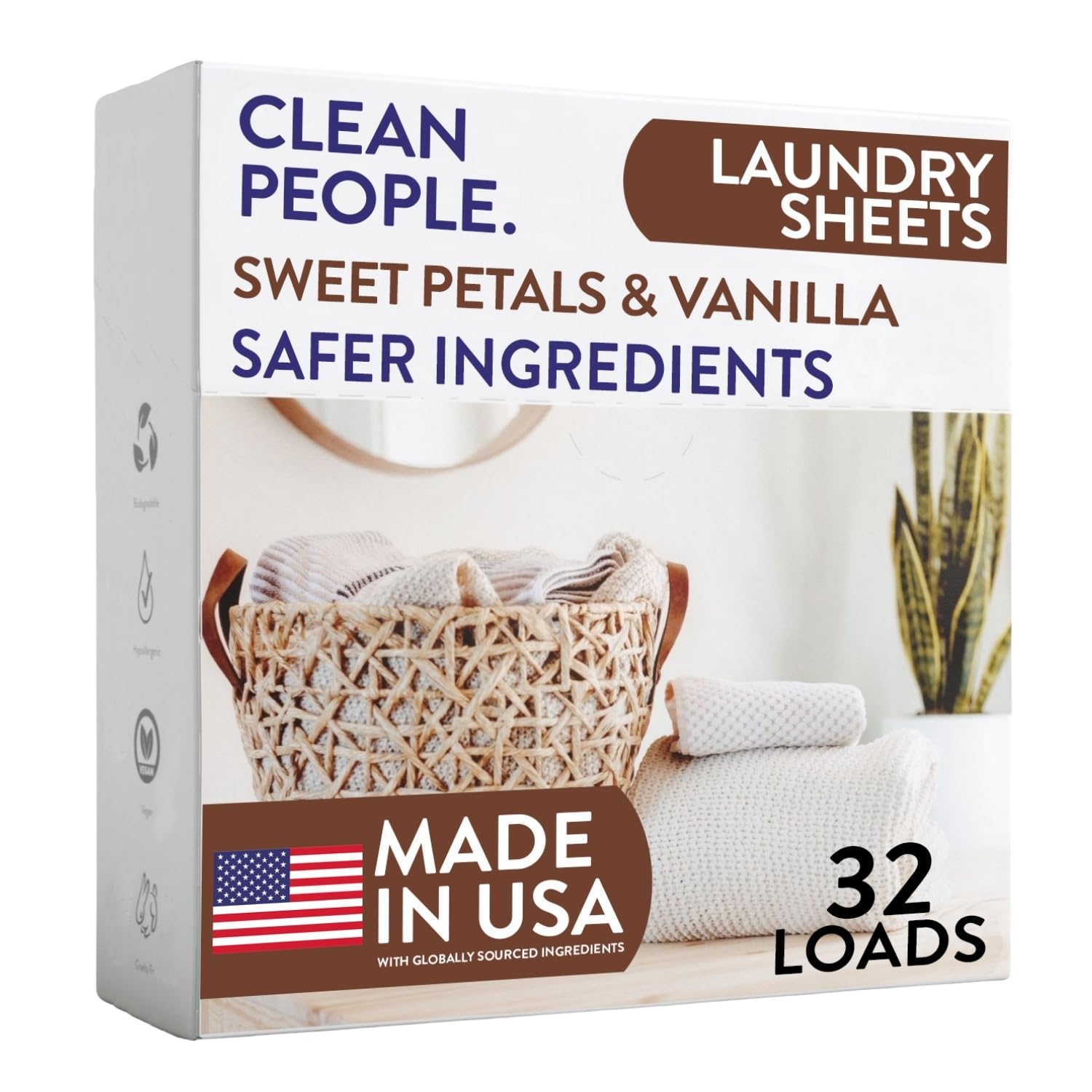 The Clean People Laundry Detergent Sheets - Laundry Soap - Ultra Concentrated, Recyclable Packaging, Stain Fighting - Sweet Petals &amp; Vanilla, 32 Pack