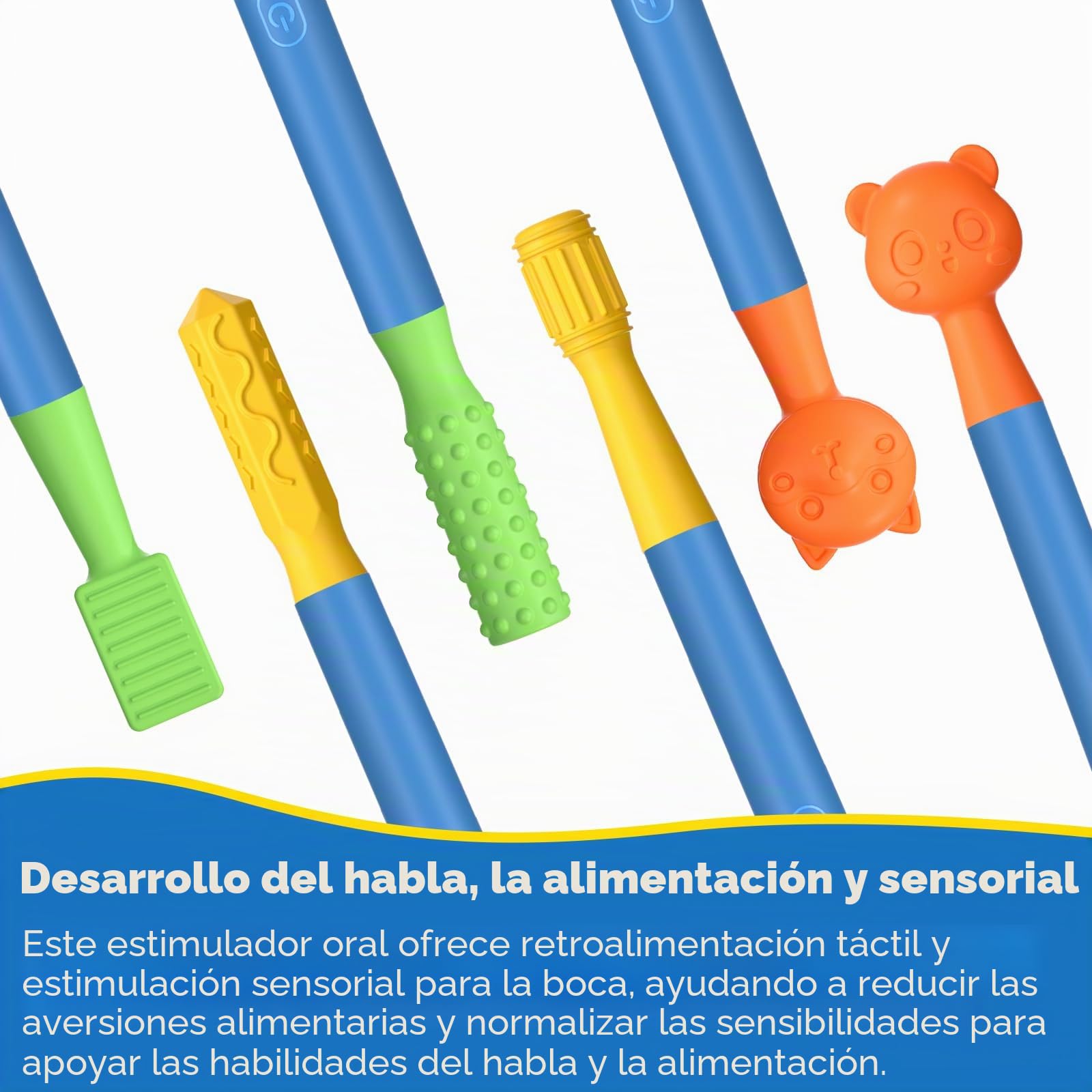 Kit de estimulación sensorial oral con 6 cabezales texturizados suaves para terapia del habla y apoyo a la alimentación, fuerza muscular y mejora de la fonación, color azul