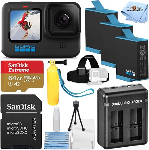 GoPro Hero10 - Videocámara impermeable de 12 MP paquete definitivo incluye Sandisk Extreme 64 GB MicroSD 2 baterías extra cargador doble correa para