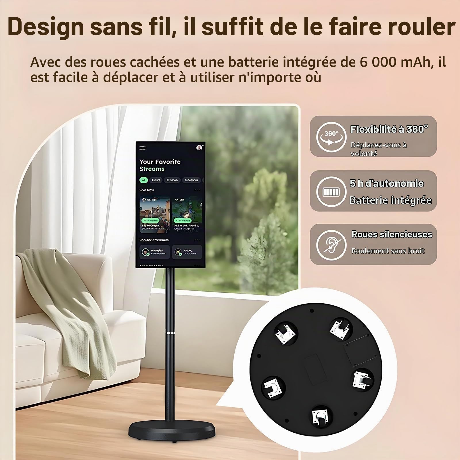 Moniteur Tactile Intelligent 21,5 Pouces, Support TV Mobile 1080p sur roulettes, Batterie Intégrée De 6000 Mah (4-6 H), Pivotant Et Rotatif, Blanc 4+64GB