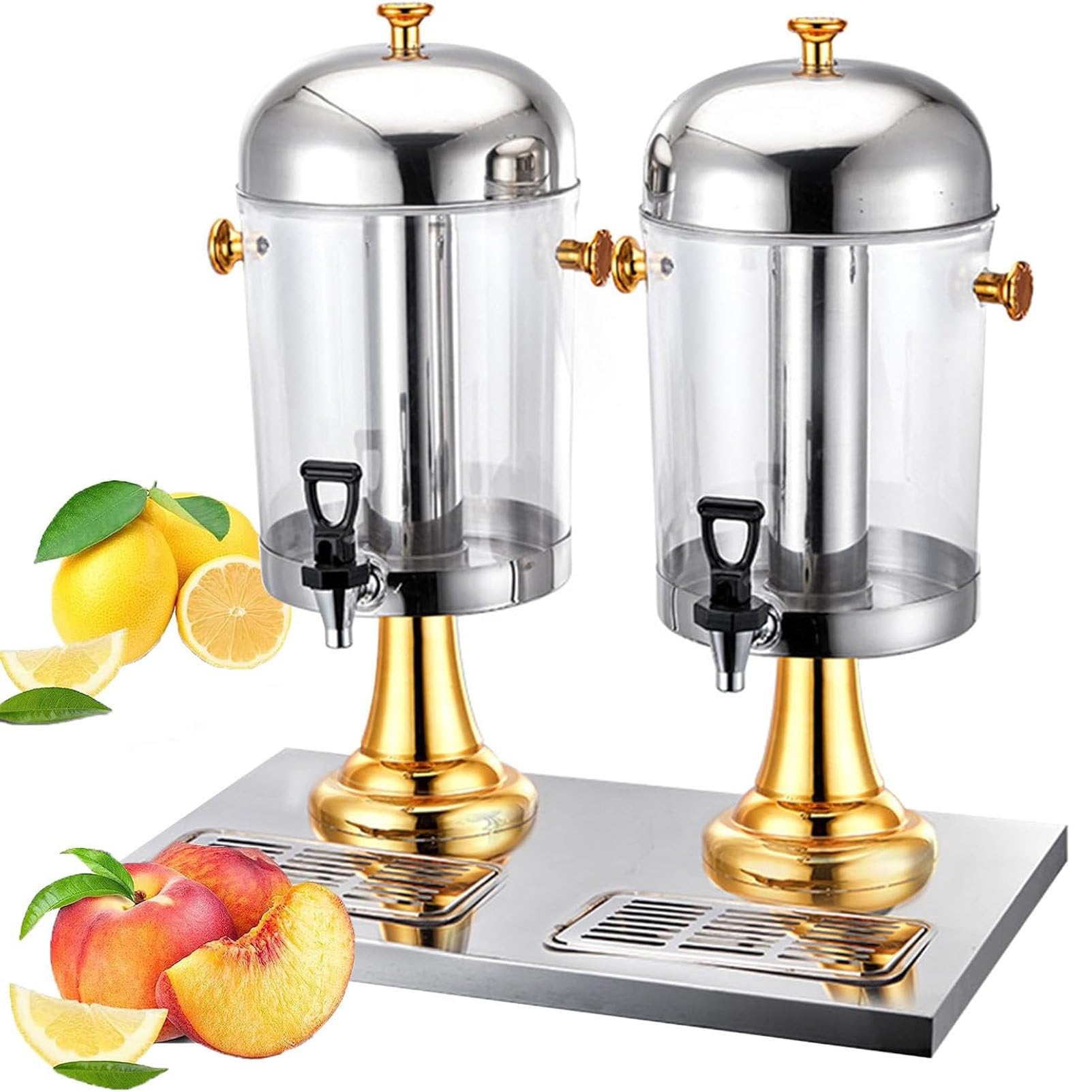 HCZKIUJY Beverage Dispenser with Stainless Steel Faucet, 6.3 Gallon Glass Drink Dispenser for Parties, Events, Self-Service (Gold DoubleBarrels/16L)
