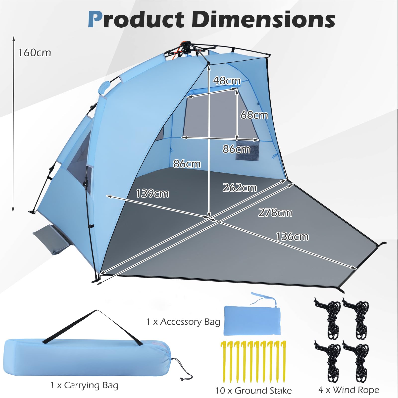 FANTASK Quick Up Tente de Plage pour 3 à 4 Personnes avec Porte zippée et 4 fenêtres en Maille, Protection V 50+, Tente Solaire avec Sac de Transport, piquets et 3 Sacs de Sable, pour Camping