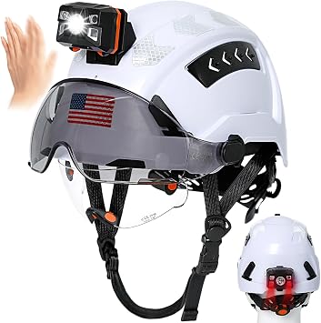 Aolamegs Construction Hard Hat with Light and Dual Visor - OSHA Approved Hard Hat with Visor and Headlamp Kit,Vented Helmet with Chin Strap for Men,Safety Helmet with Eye Protection