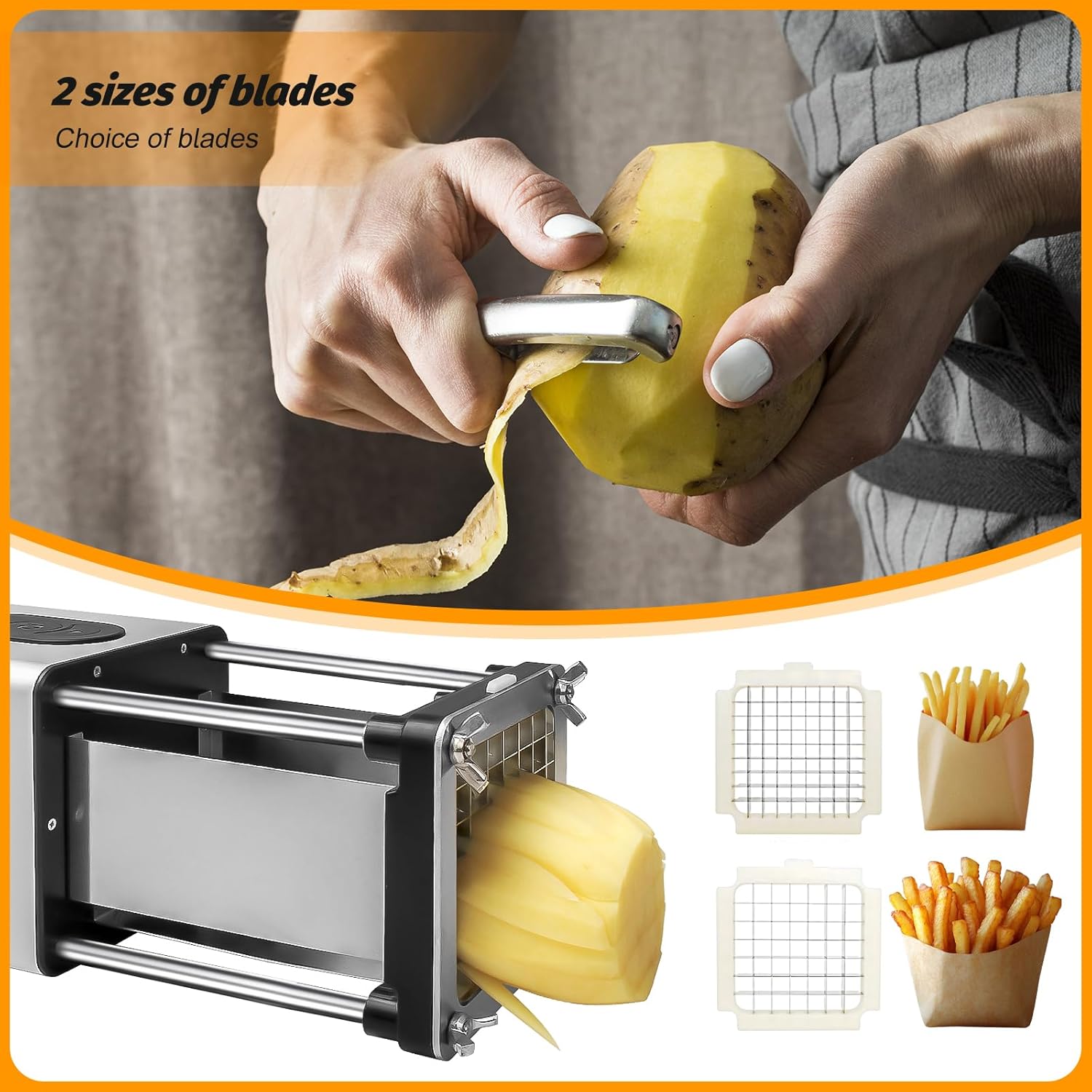 Electric French Fry Cutter,French Fry Cutter Stainless Steel with 1/2 & 3/8 Inch Blade,French Fries Cutter for Restaurants & Home Kitchen,for Potatoes,Carrots,Onion,Cucumbers,Apples