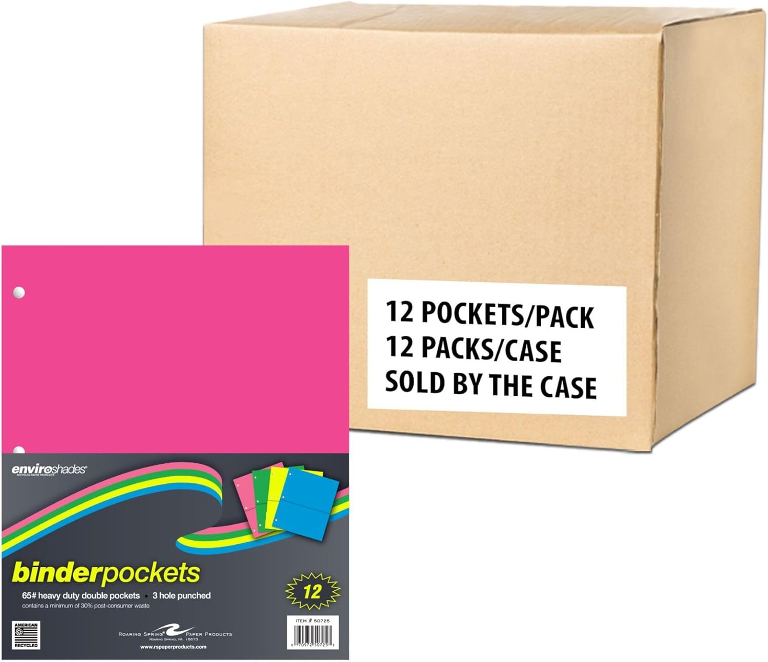 Roaring Spring Recycled Double Pocket Heavyweight Binder Pockets, 11" x 9", Easily Add Storage to Your 3 Ring Binders, Assorted Neon Colors (Pack of 12, 144 Count Total)
