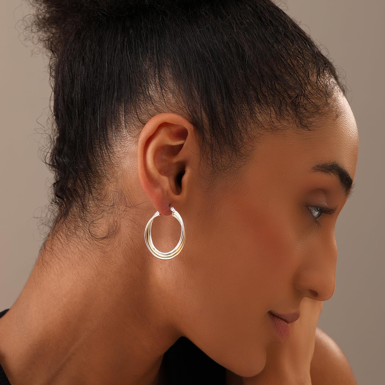 LeCalla 925 Sterling Silver Two-Tone Three-Tone Hoop Earrings Intertwining Round Shape Polished Chunky Hoop Earrings for Women - Image 2