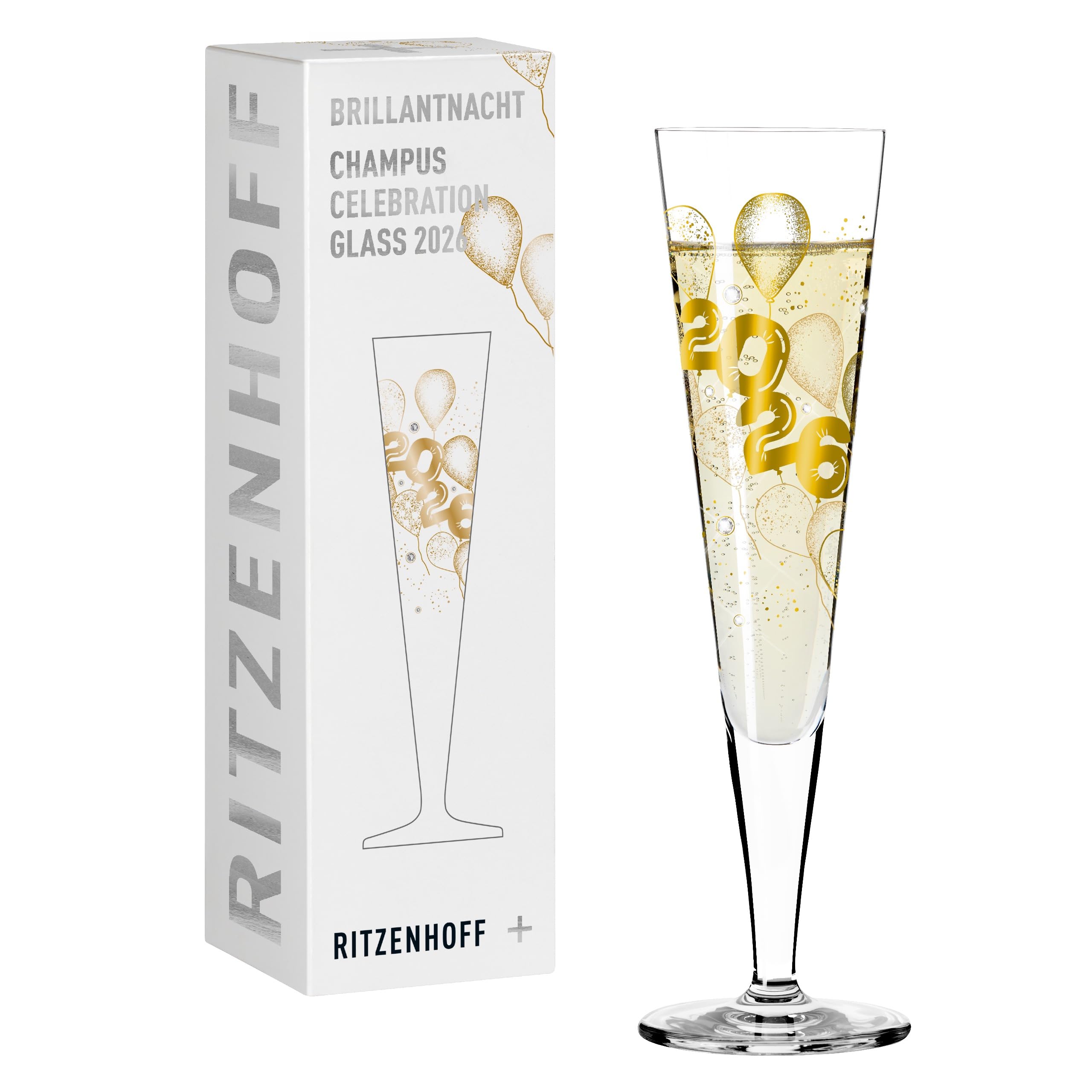 RITZENHOFF 1079016 Champagnerglas 200 ml - Serie Brillantnacht 2026, mit Luftballon-Motiv und Jahreszahl - Made in Germany