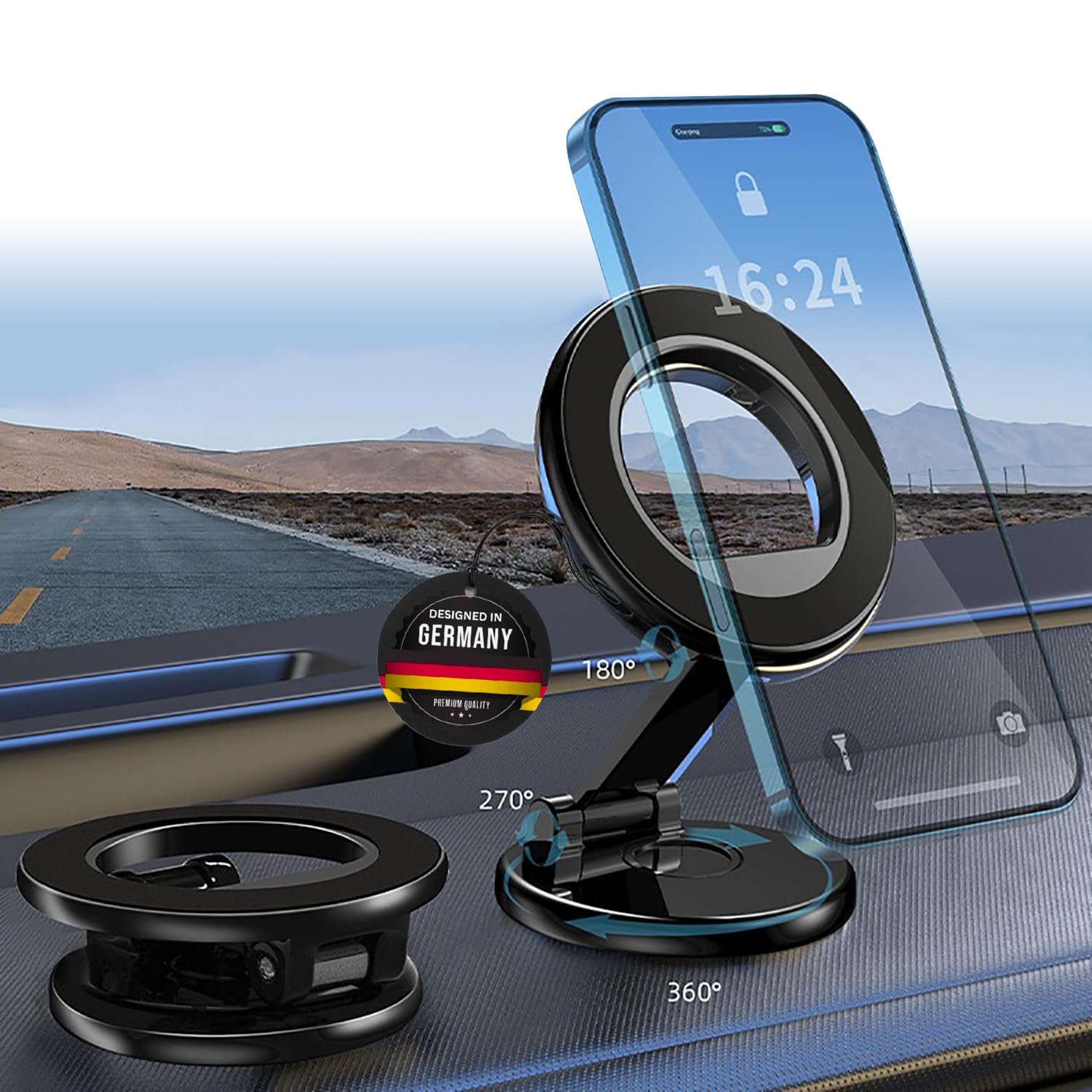 POWERLAND Soporte Movil Coche MagnéTico, [imán 44x n52] Suporte Telemovel Carro MagnéTico, 360 ° Giratorio Magnetic Phone Holder, Adecuado para la Carcasa la Serie iPhone 16/15 / 14/13 / 12