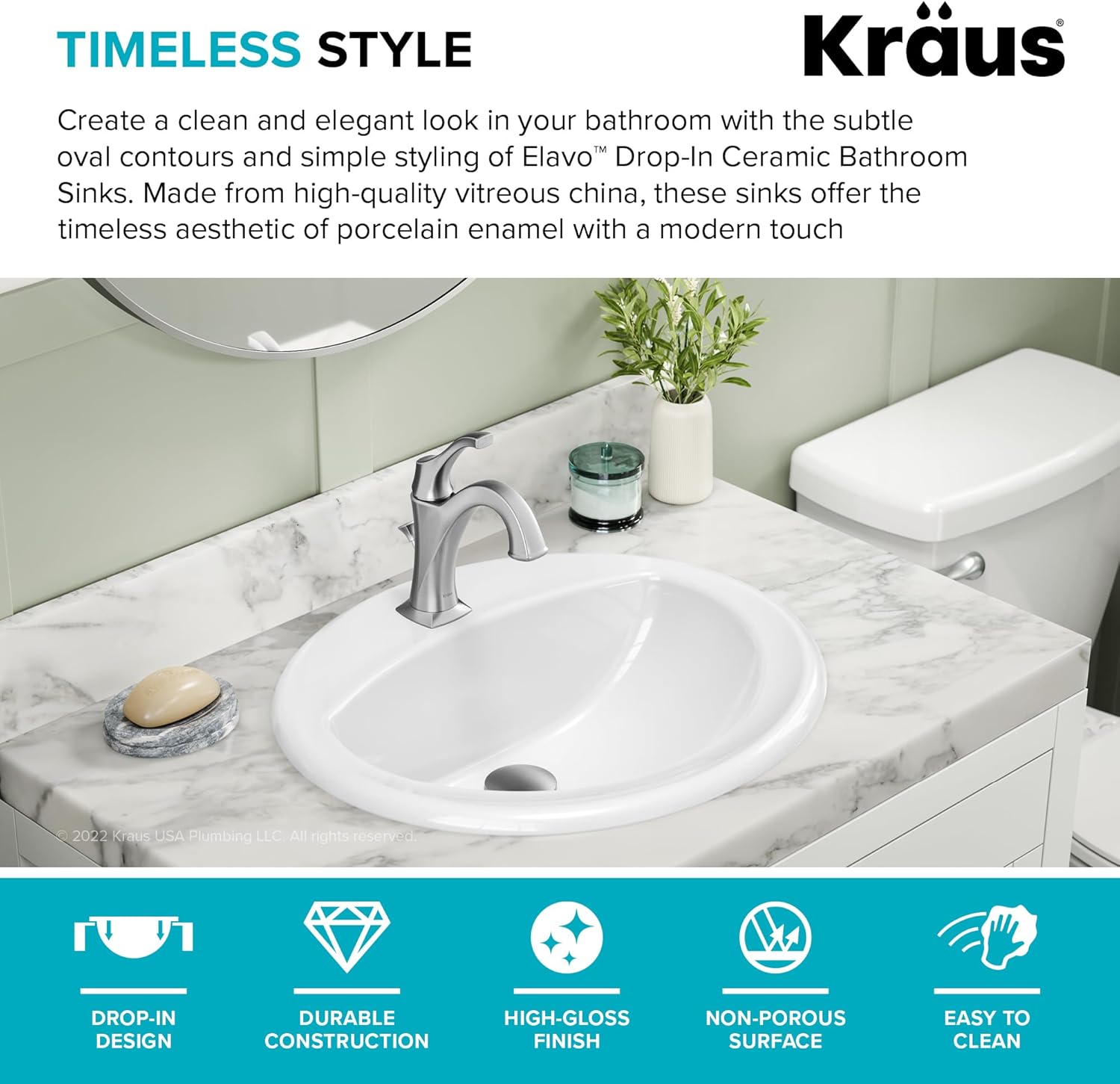 KRAUS Elavo 20.5 in. Oval Porcelain Ceramic Self-Rimming Drop In Bathroom Sink in White with Overflow Drain, KCT-100