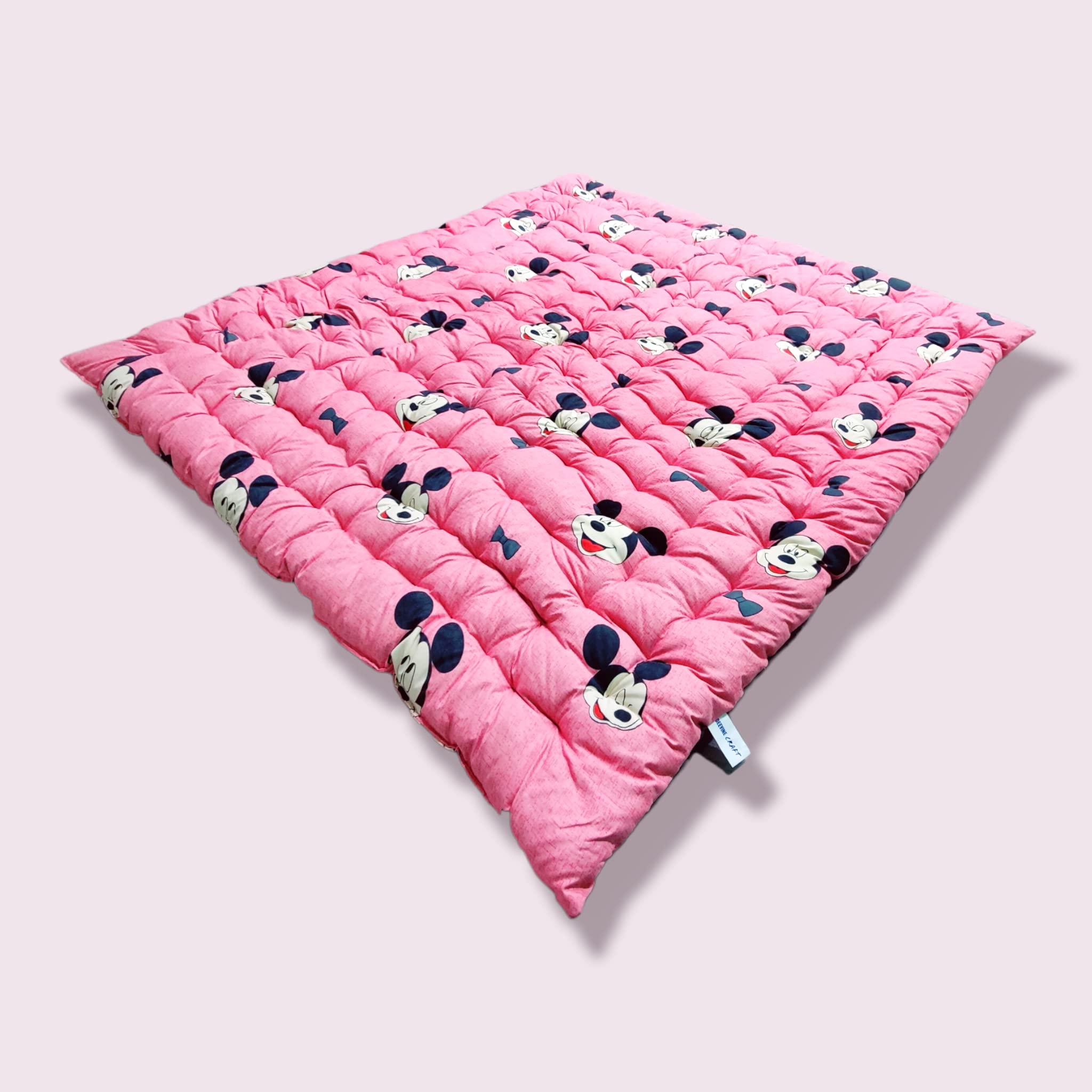 Deevine Craft Soft Cotton Quilt Foldable Movable Picnic Light Weight Filled Single Firm Mattress Gadda 3D Design Printed, Double Bed Capacity, 6 x 6 ft or 72 x 72 Inches Pink Mouse