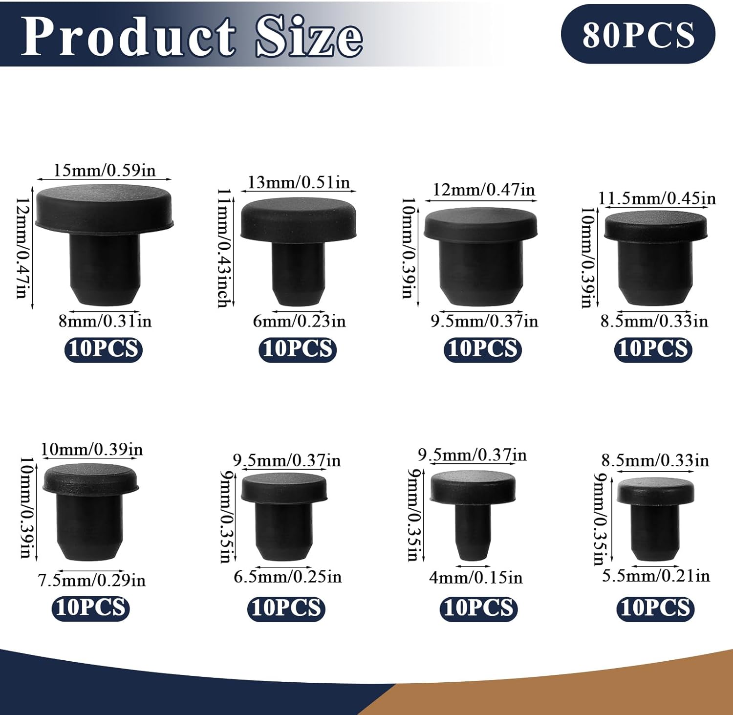 80 Pcs Rubber Plugs for Round Holes, 8 Sizes Silicone Hole Plug, Black Round Rubber Waterproof Button-Hole for Metal Tube, Furniture End Caps Inserts