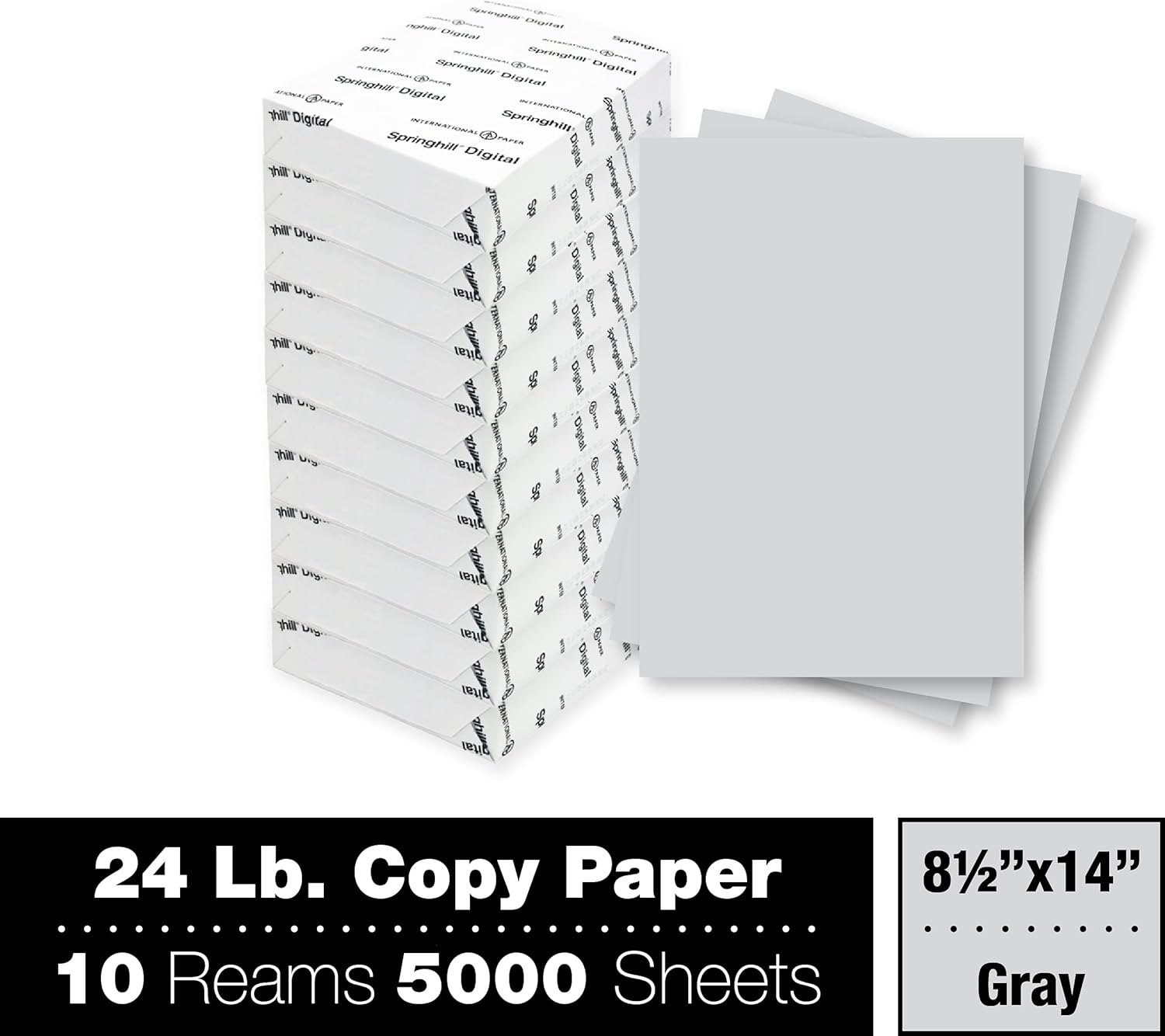 Springhill 8.5” x 14” Gray Copy Paper, 24lb Bond/60lb Text, 89gsm, 5,000 Sheets (10 Reams) – Colored Printer Paper with Smooth Finish – Versatile and Flexible Computer Paper – 024069C