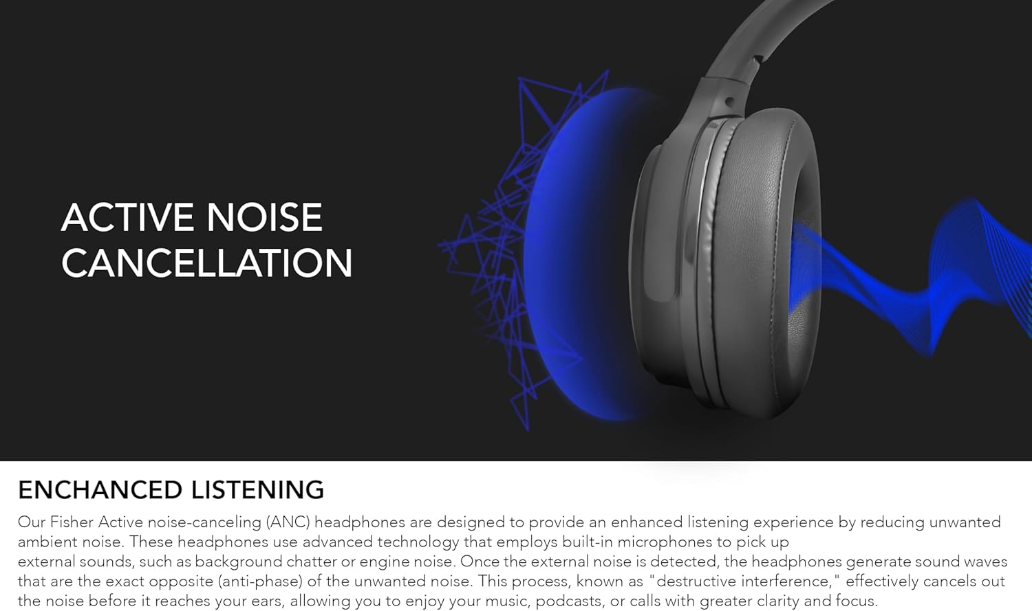 Fisher Pro Active Noise Cancelling Headphones, Over Ear Headphones Wireless Bluetooth 5.3, Microphone, Lightweight Comfortable Headset for Home, Travel, Rechargeable Workout Headphones, Deep Base - Image 5