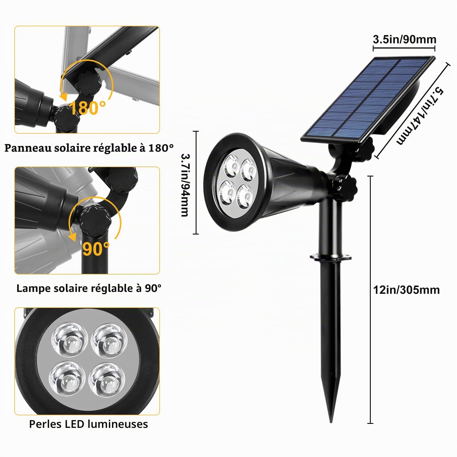 T-SUN [2 Pack LED Solaire Projecteur, Lampe Solaire de 4 LED, Étanche Extérieur Lampe Jardin，Éclairage de Sécurité Paysage Lumière pour Chrismas Arbre, Clôture, Patio, Fête. （Blanco Naturel 4000K