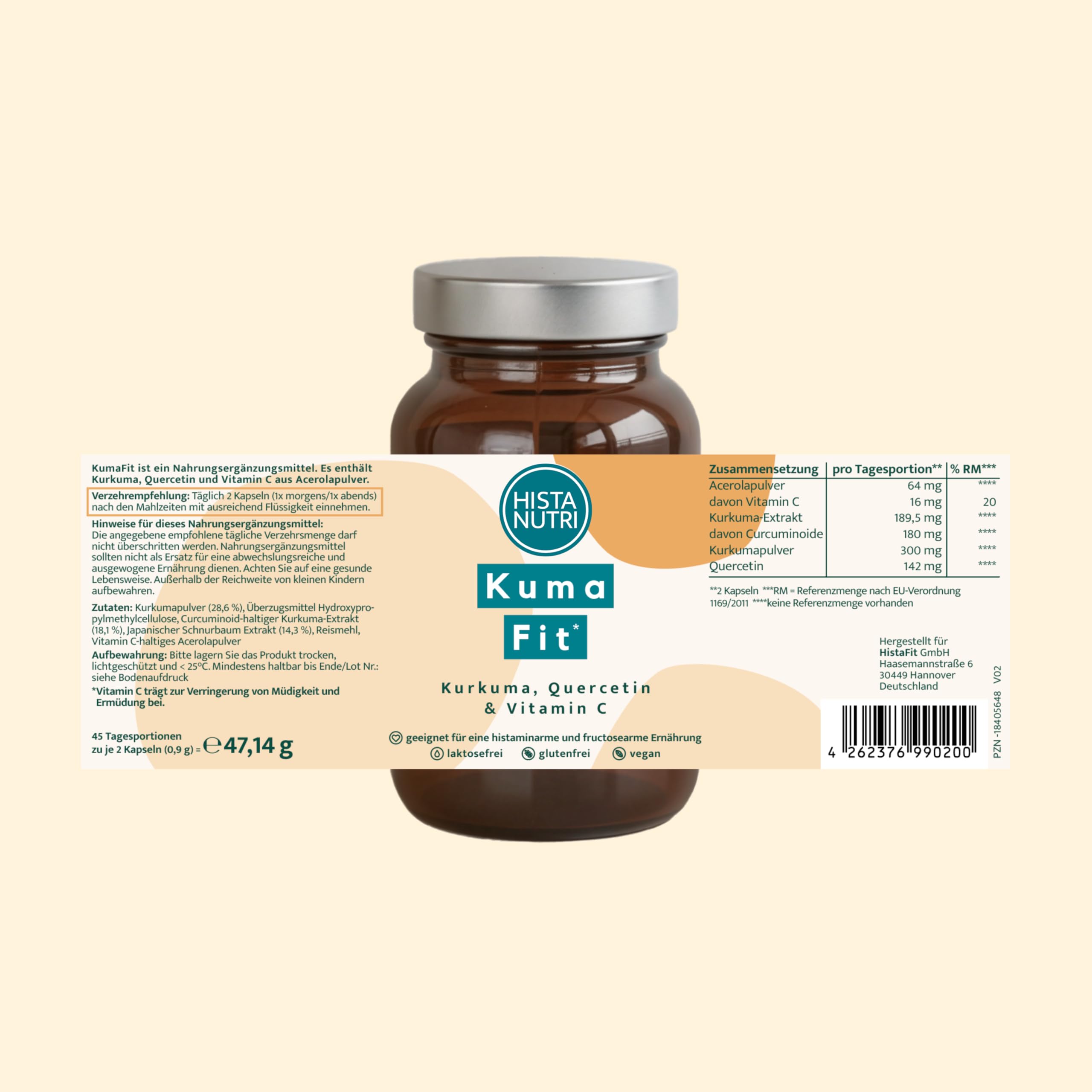 HistaNutri KumaFit – Kurkuma, Quercetin & Vitamin C, 90 Kapseln, auch bei Histaminintoleranz & Fructoseintoleranz geeignet, glutenfrei, laktosefrei, fructosearm, histaminarm & vegan - HistaFood