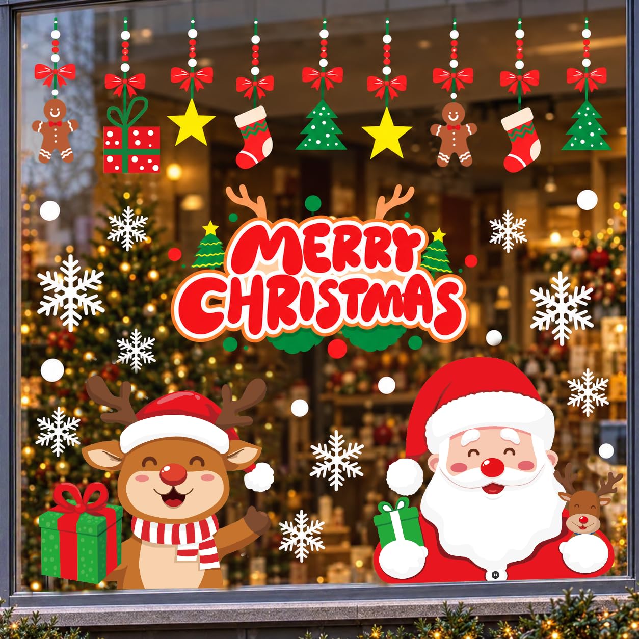 T&amp;W SAME FILM 71 PCS Christmas Window Clings Stickers for Glass, Window, Car Decor, Xmas Decals Decorations Holiday Snowflake Santa Claus Reindeer Decals for Party, Reusable