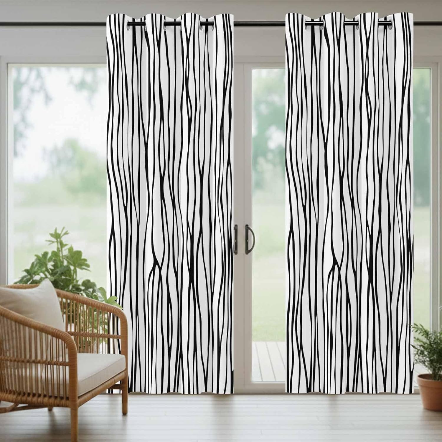 Outdoor Curtains for Patio, Black White Lines Waterproof Blackout Outside Curtain for Porch/Pergola, Retro Stripes Texture Minimalist Art Thermal Insulated Drapes for Cabana, 2 Panels, 54 x 108 Inch