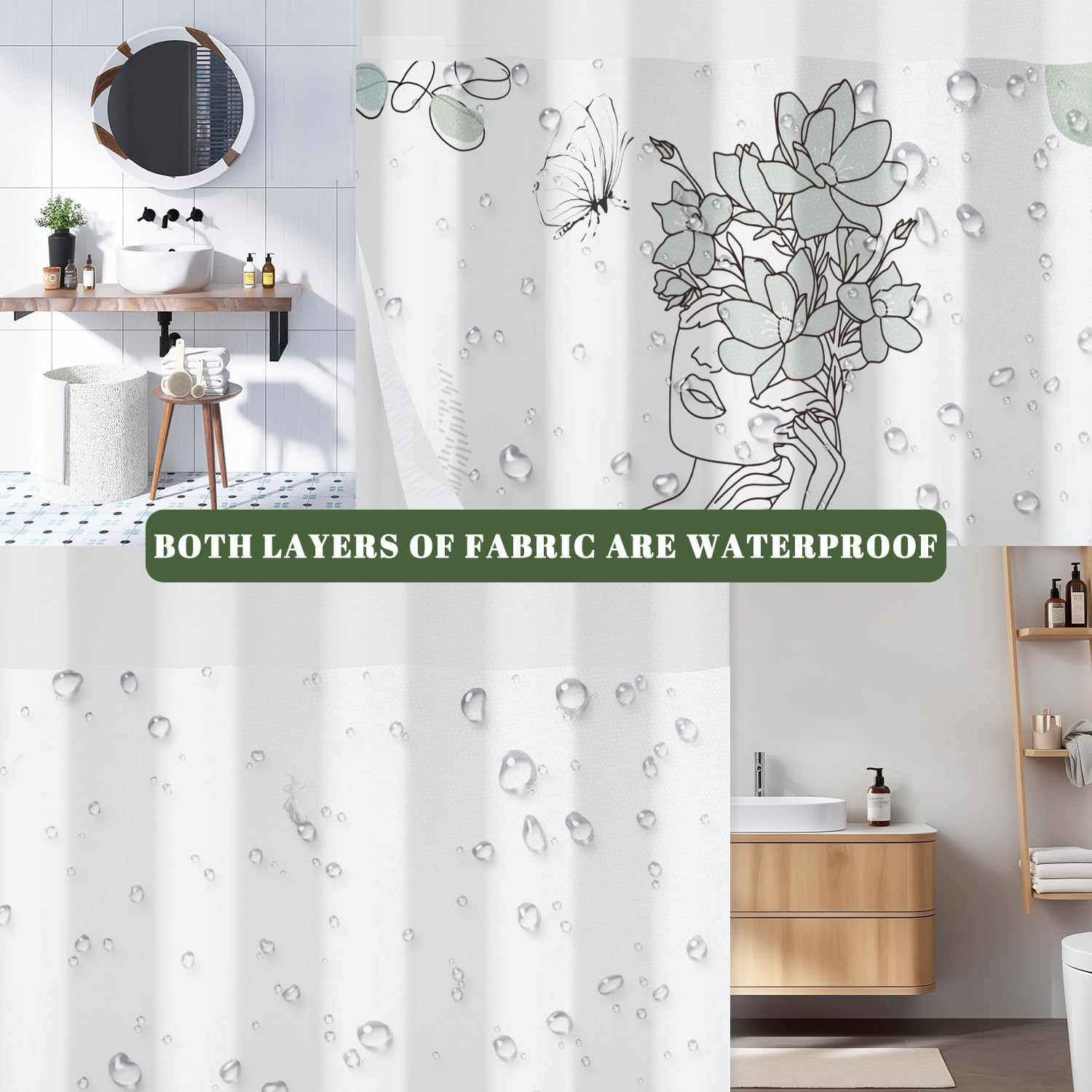 No Hook Shower Curtain and Liner Set, Minimalist Line Art Woman Face with Floral Butterfly, Abstract Modern Boho Shower Curtains for Bathroom, Artistic Bath Curtain with Mesh Top, 71x74 Inch