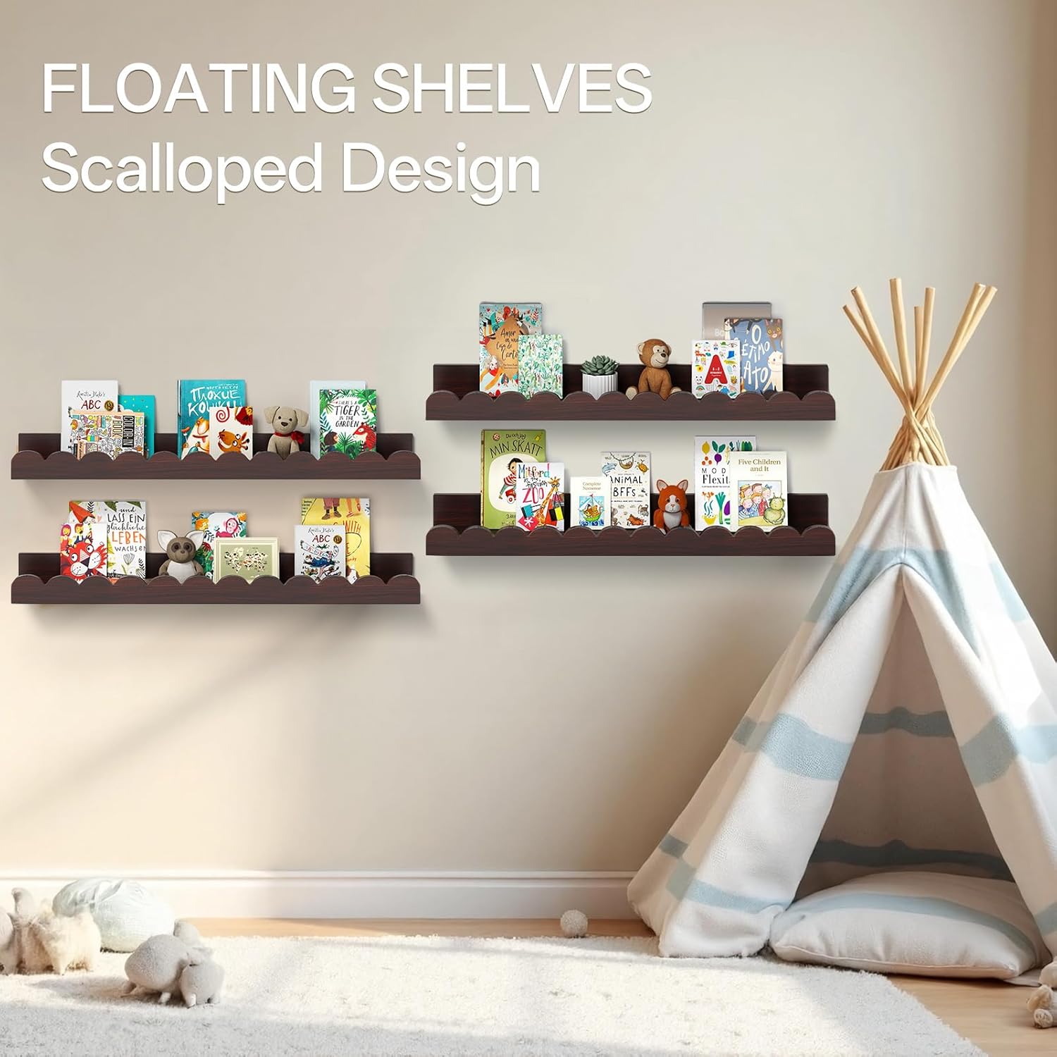 Walnut Scalloped Book Shelf, Dark Wood Nursery Book Shelves Set of 4 Pine Wooden Floating Bookshelf for Wall Cloud Picture Ledge Shelf for Kids Bedroom Baby Child Toddler Room Kitchen (40cm)