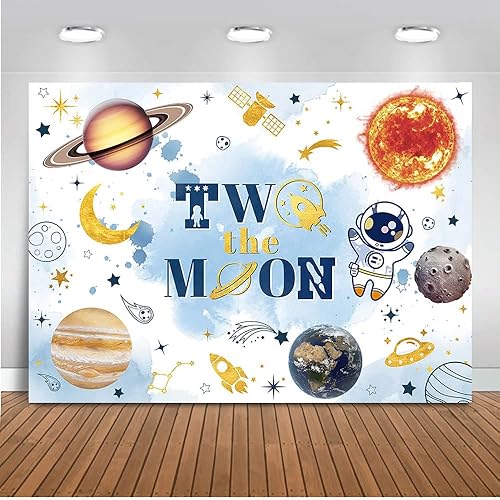 Mocsicka Telón de fondo con texto en inglés Two The Moon para fiesta de segundo cumpleaños, espacio exterior, decoración de fondo del espacio