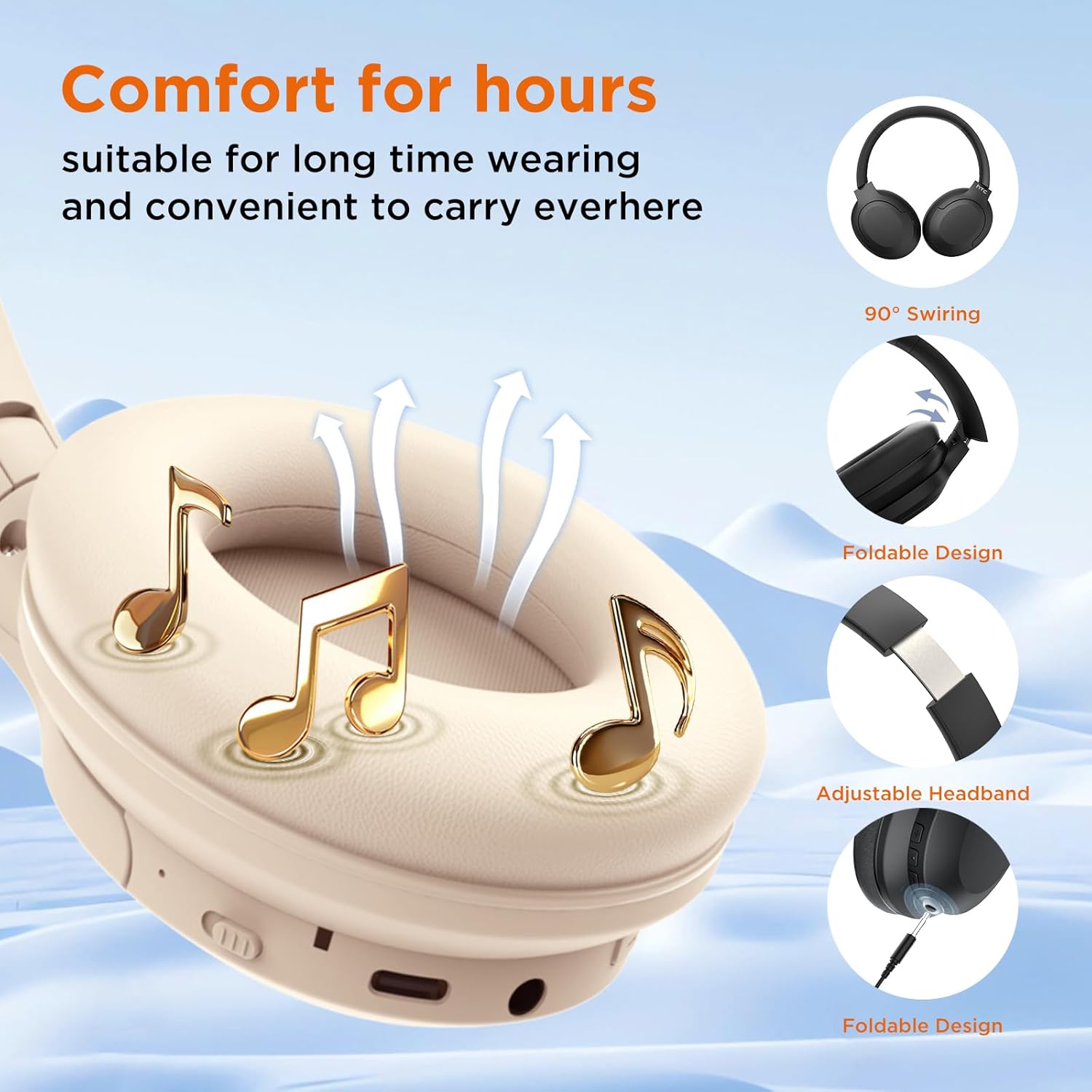 Image showing the foldable design and adjustable headband of the HTC HP02 headphones for comfort and portability.