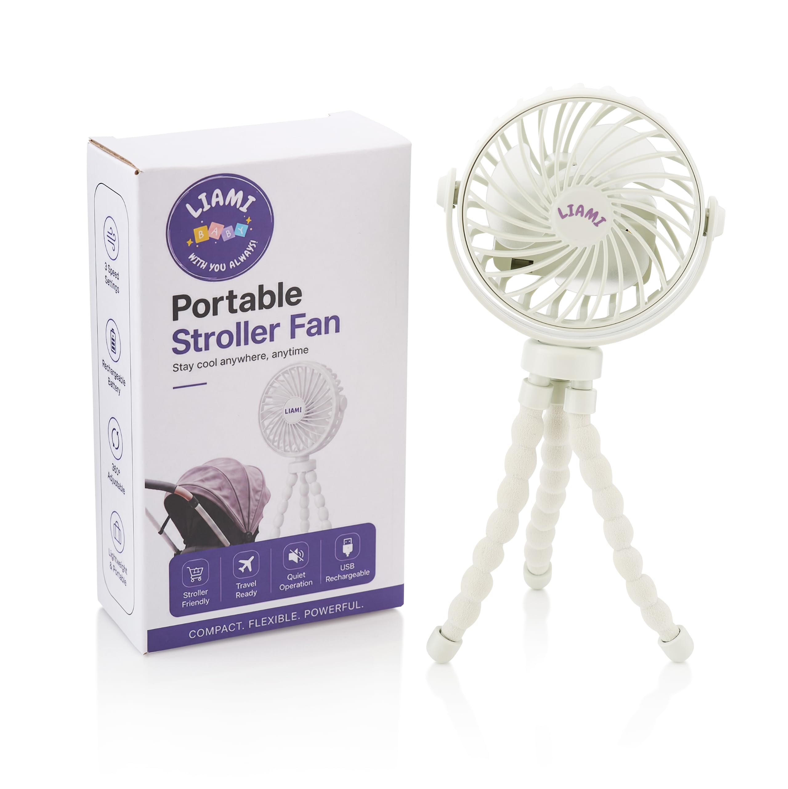 Liami Baby Portable Stroller Fan | USB-C Rechargeable Clip-On Fan | Flexible Tripod | 3 Speed Settings | 360° Adjustable | Quiet Cooling Fan for Pram, Pushchair, Car Seat, Cot, Crib & Travel