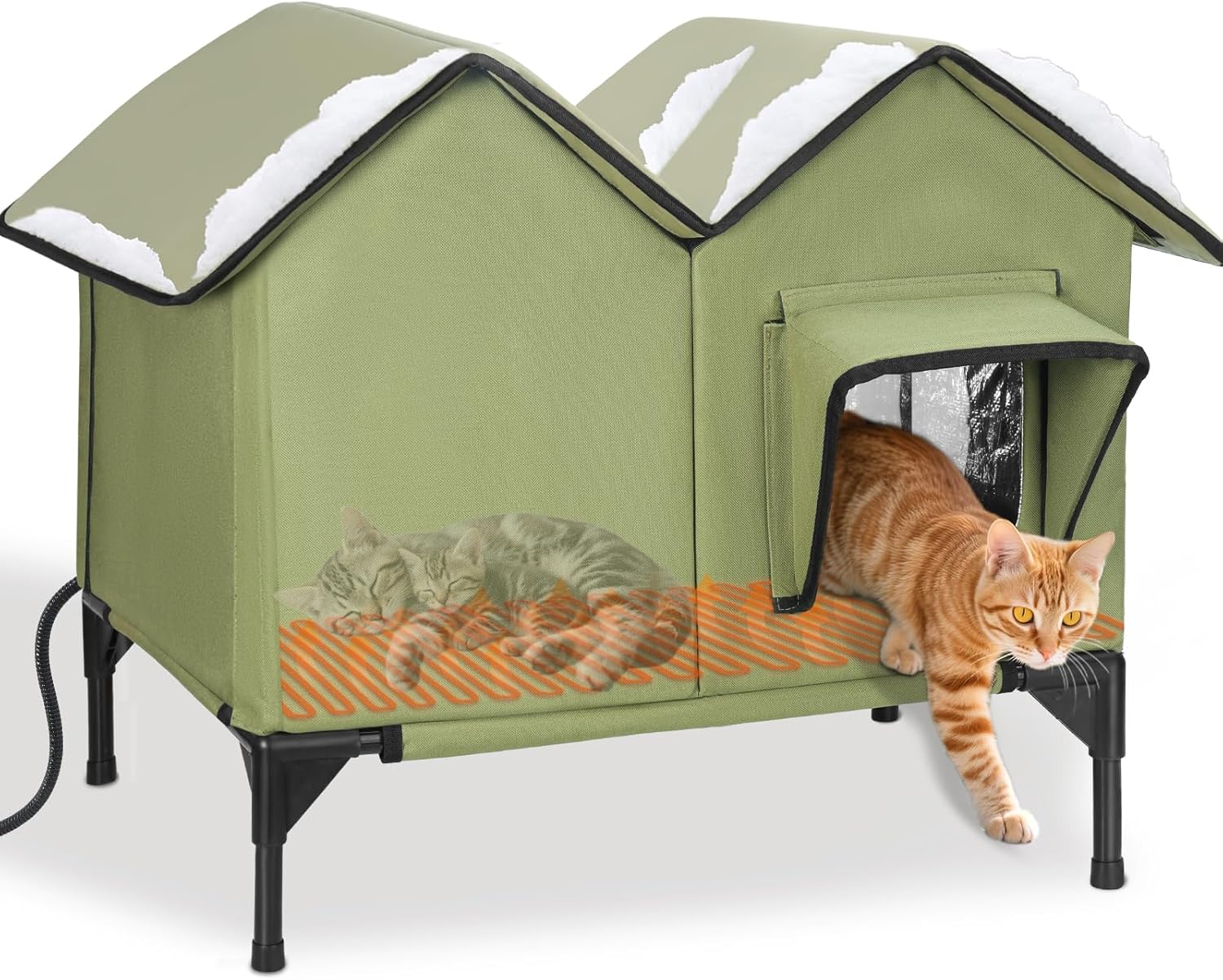 Extra Large Heated Cat House for Outside, Elevated Waterproof Outdoor Cat House Weatherproof for Winter, Insulated Outdoor Cat Shelter with Escape Doors and Heating Pad for Multiple Cats, Green