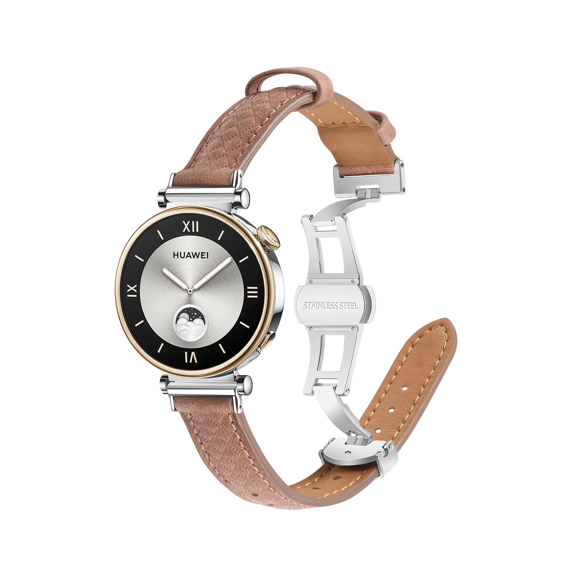 VeveXiao Leather Strap Compatible with Huawei Watch GT 4 41mm band, 18mm Soft Leather Metal Butterfly Buckle Band Replacement Wristband for Women Men (Dark brown)