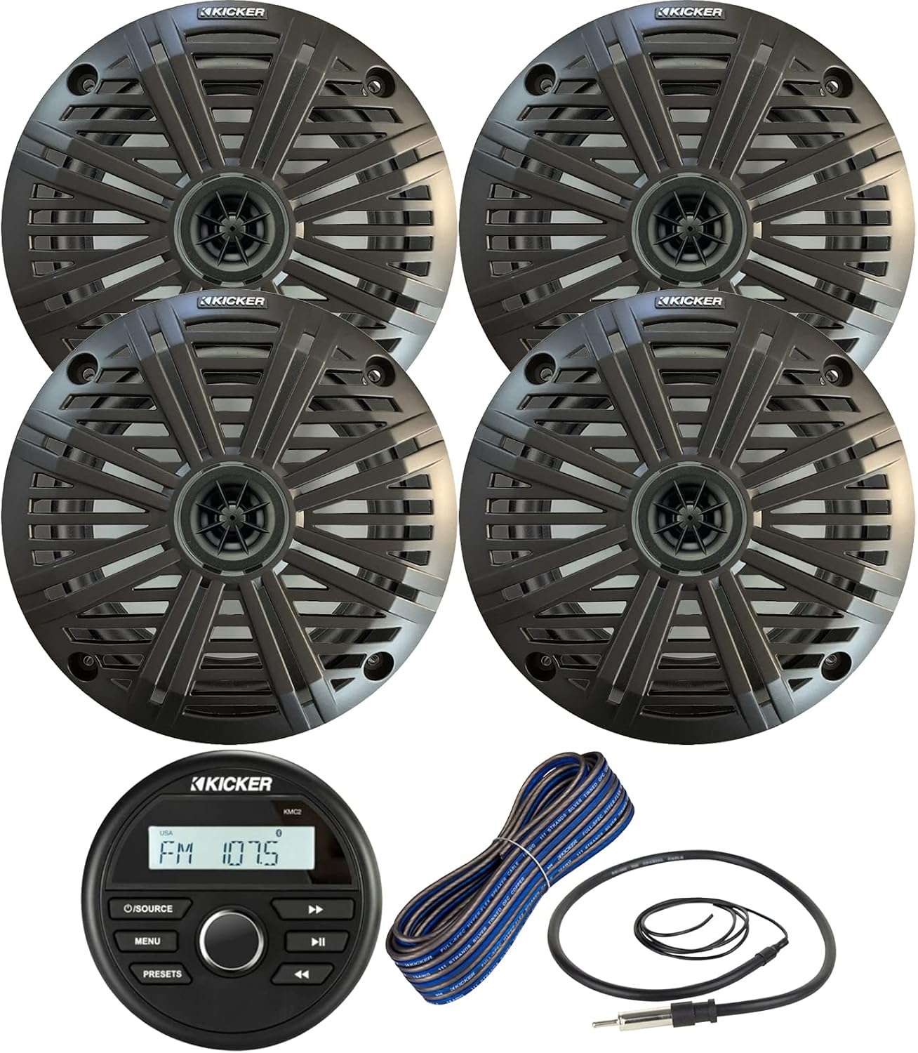 Receptor Estéreo Marino Bluetooth USB Kicker KMC2 con 4 altavoces 6.5" miniatura 1