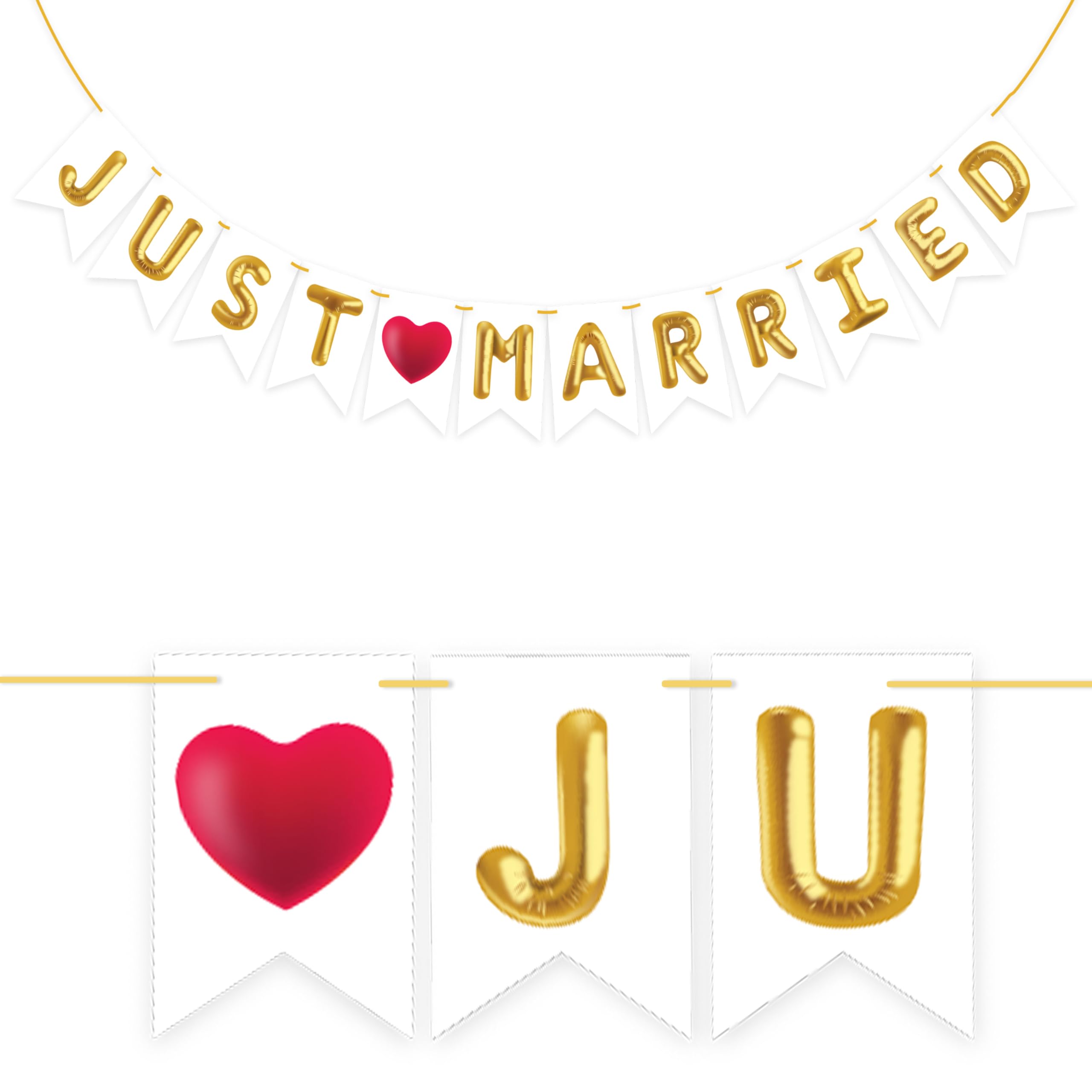 Wobbox Golden & Red Balloon "Just Married" Bunting Banner, Wedding Decoration Item