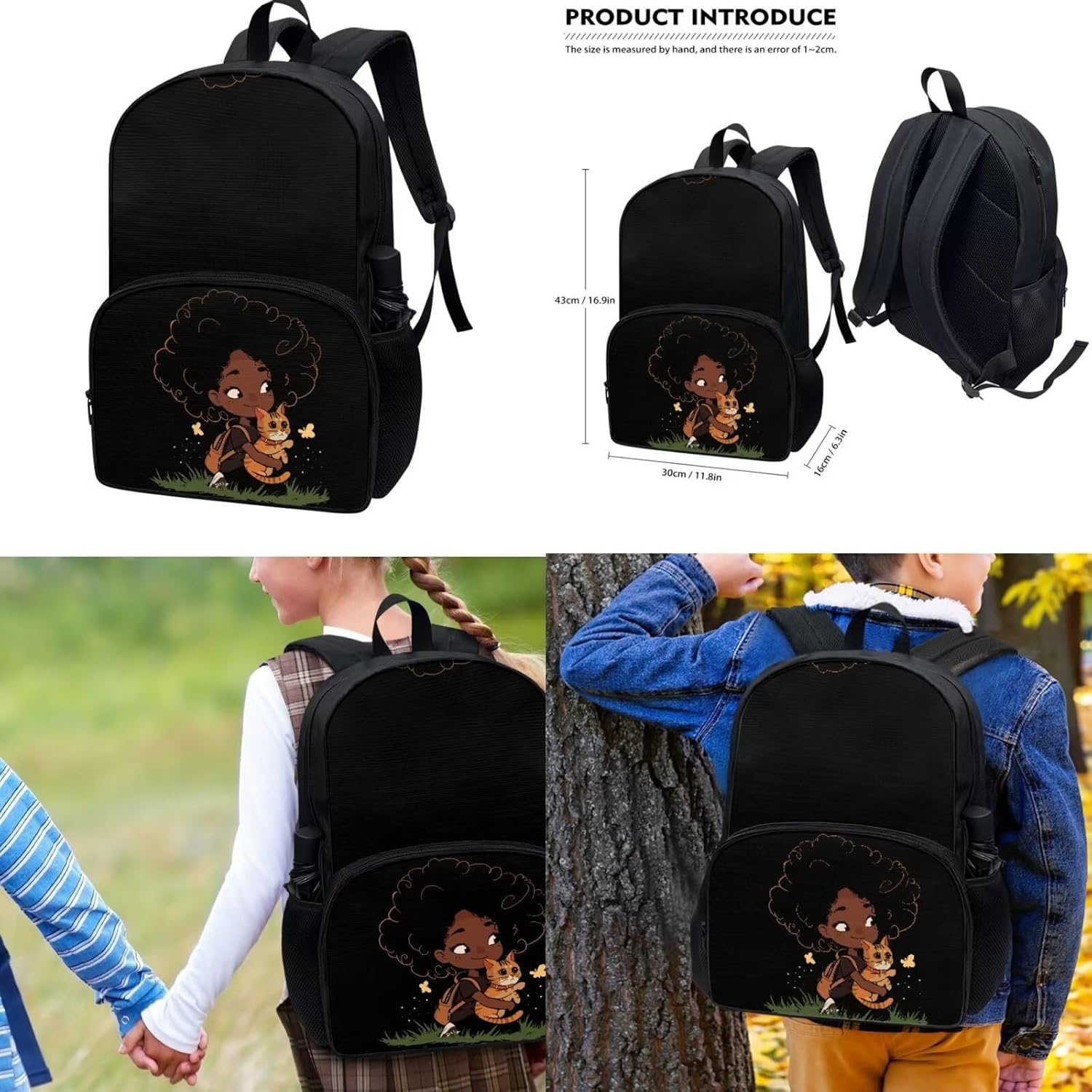 COEQINE Kawaii Cat Butterfly Cute Backpack for Middle School Black Girls With Lunch Bag And Pencil Case, Black Girls Backpack Set for Preschool Toddler Book Bag,Black