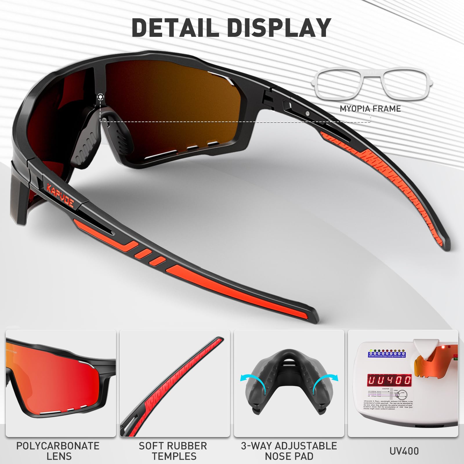 KAPVOE Gafas de Ciclismo Polarizadas Hombre Mujer MTB Bicicleta Montaña con 3 Lentes K76-3L