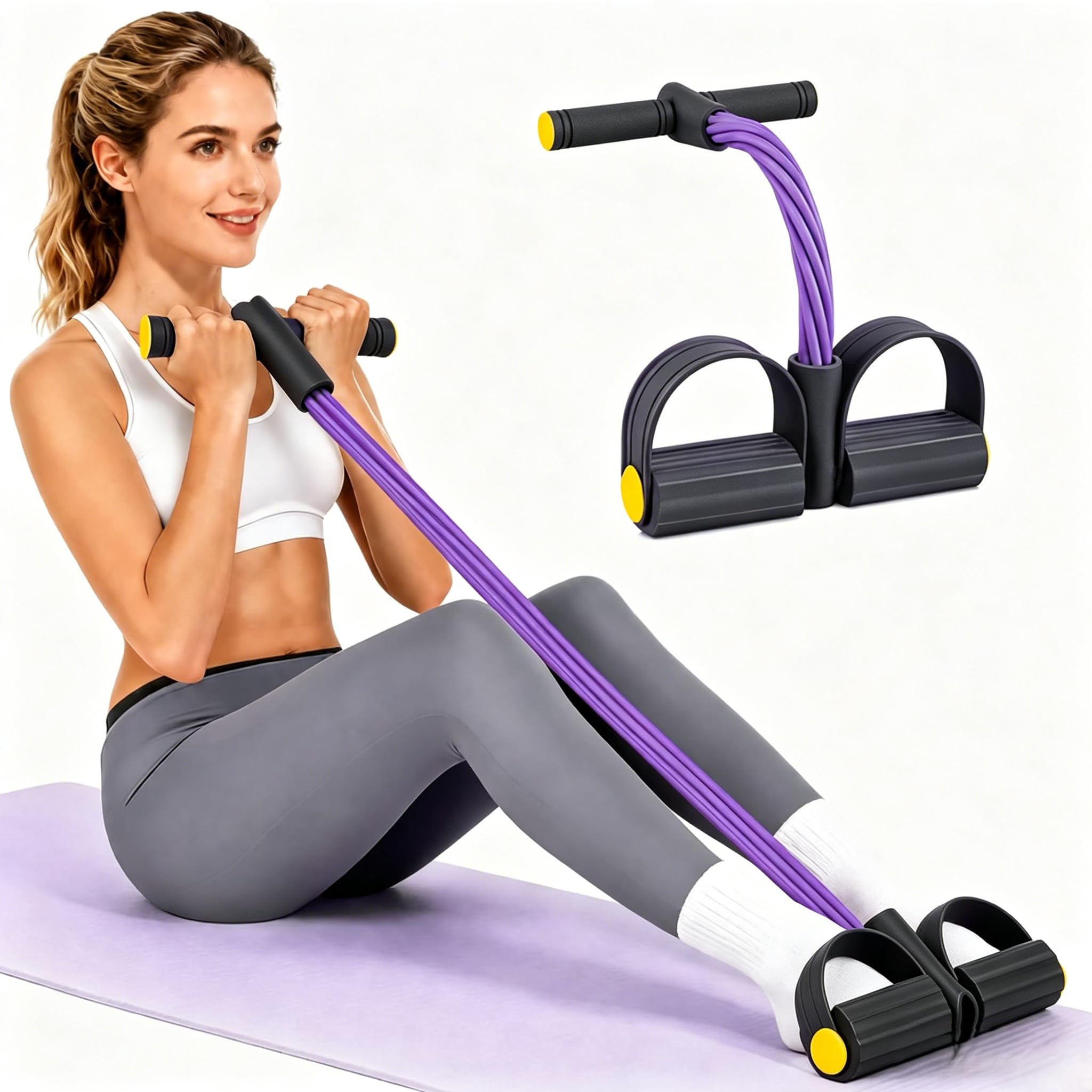 Foot Pedal Resistance Bands with Handle, Sit-Up Training Equipment, Workout Bands,Full Body Fitness Expander for Home Gym, Leg Trainer for Fitness,Abs, Arms, Weight Loss, Yoga (Black-purple)