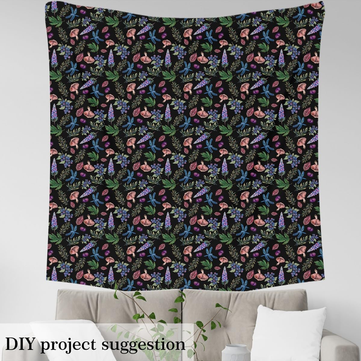 Watercolor Leaves Fabric by The Yard Wild Mushroom Outdoor Plant Decor Fabric for Kid Teens Adult Natural Dragonfly Rustic Jungle Style Fabric for DIY Upholstery and Home Accents 3 Yards,108"L x 59"W