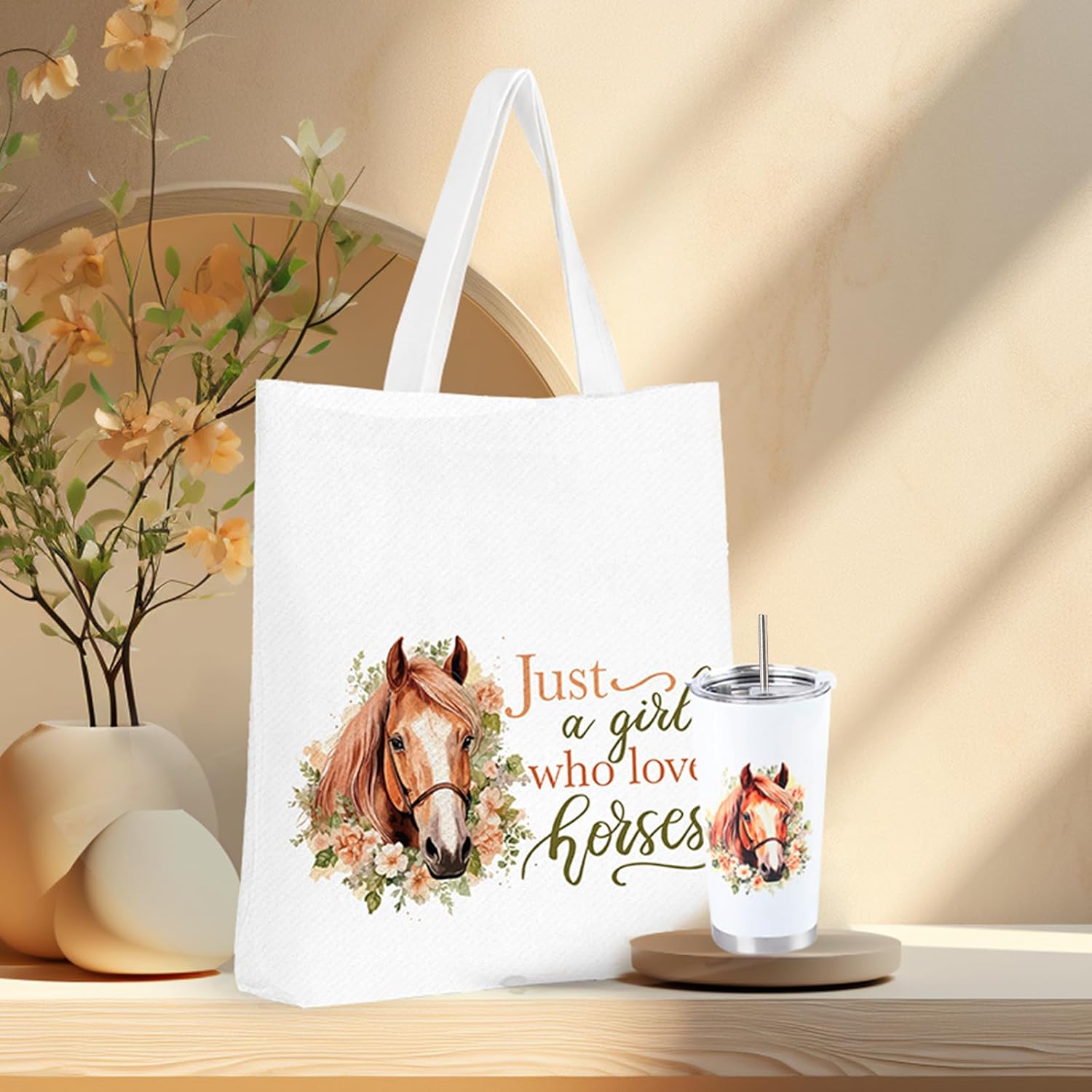 Horse Tumbler Gifts, Just a Girl Who Loves Horse Including 20 oz Stainless Steel Tumbler with Lid and Straw, Reusable Tote Bag Socks Themed Birthday Gifts for Women Girls Animals Lovers - Image 4