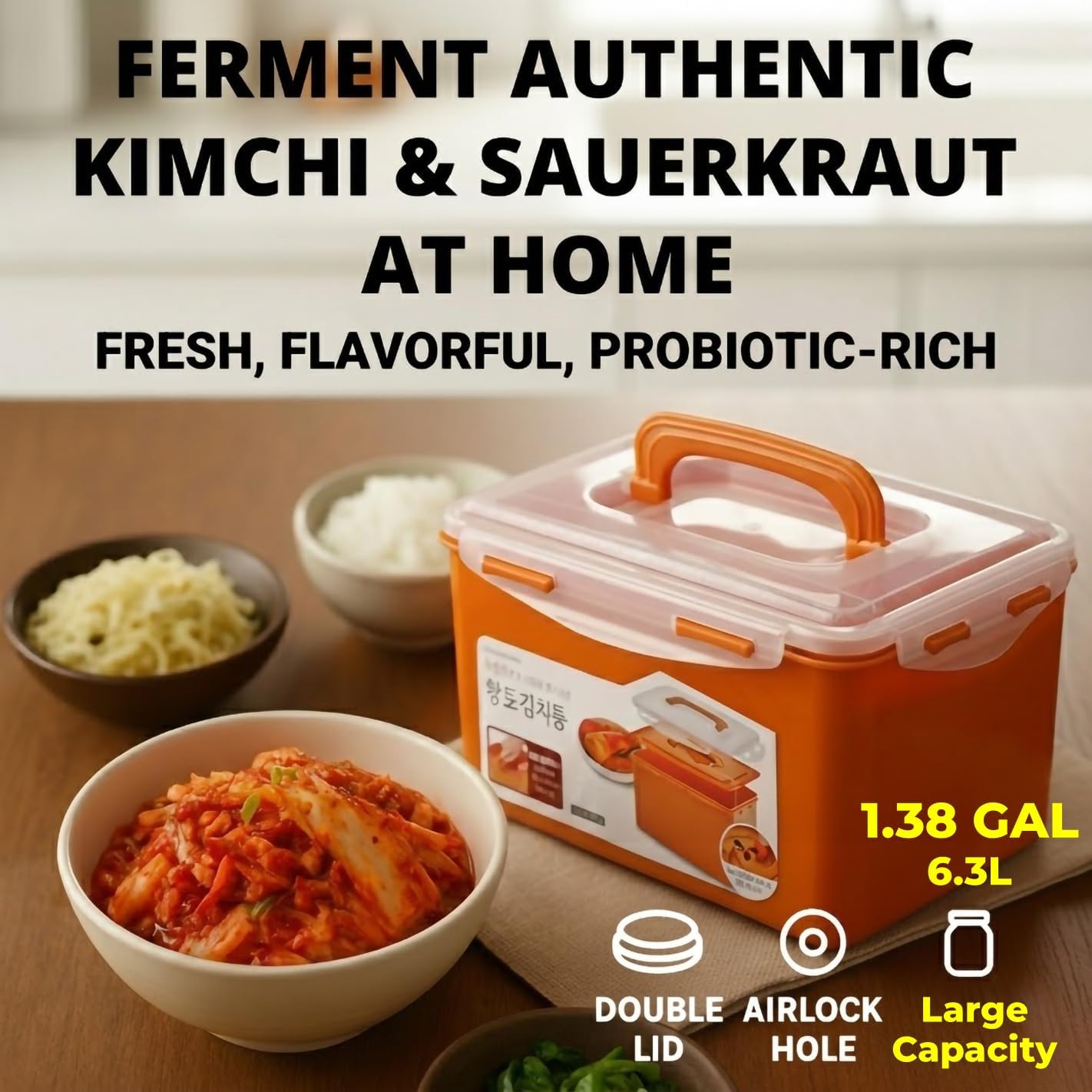 Probiotic Kimchi & Sauerkraut Container for Fresh Fermentation | Airtight Food Storage with Inner Vacuum Lid, (6.3 L) (1.66gal)