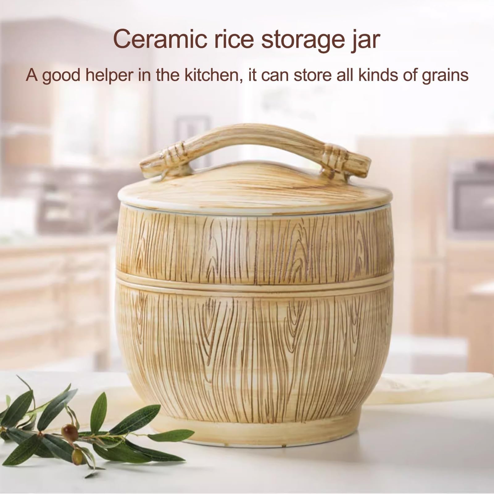 Bote de arroz cerámico con tapa y taza medidora， organizador despensa familiar grande- para alimentos secos, granos, cereales, harina, azúcar, pasta, café, frutos secos(22lb/10kg)
