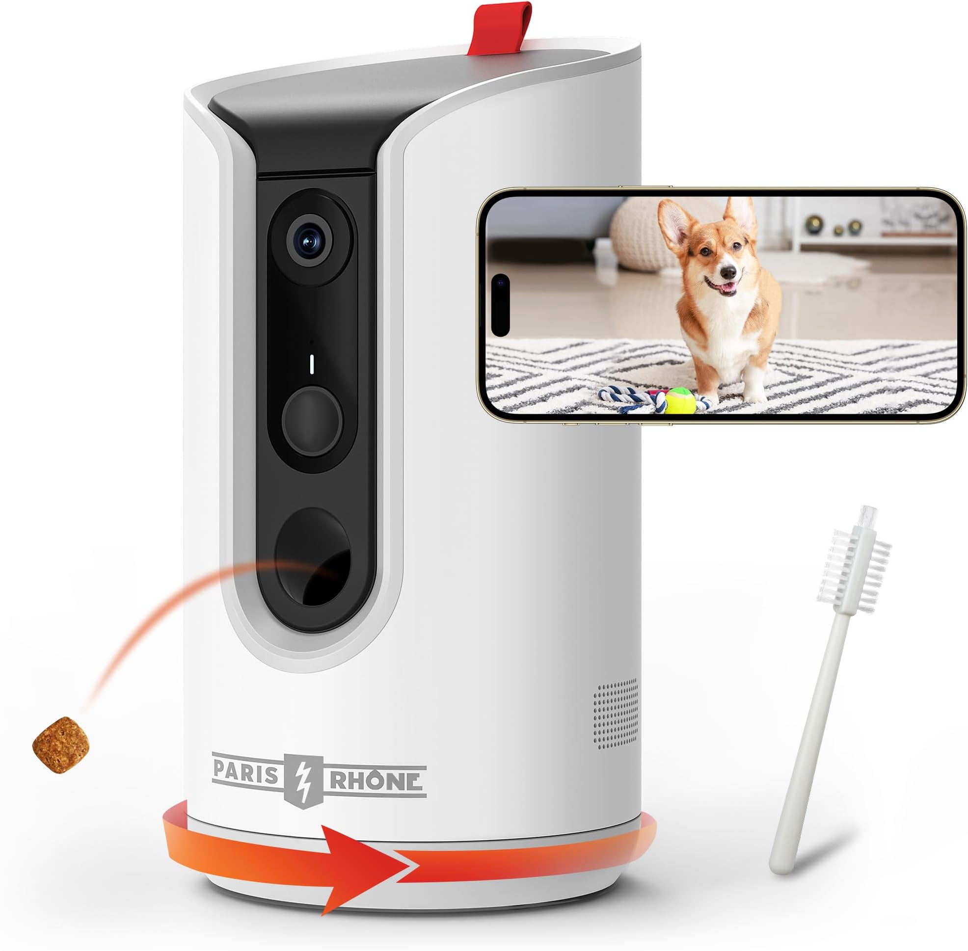 PARIS RHÔNE 2K Pet Camera, 360°View Dog Camera Treat Dispenser, 5G WiFi Pets Monitoring with Phone APP, Two-Way Audio, Infrared Night Vision, Barking Detection and Motion Alerts, Works with Alexa