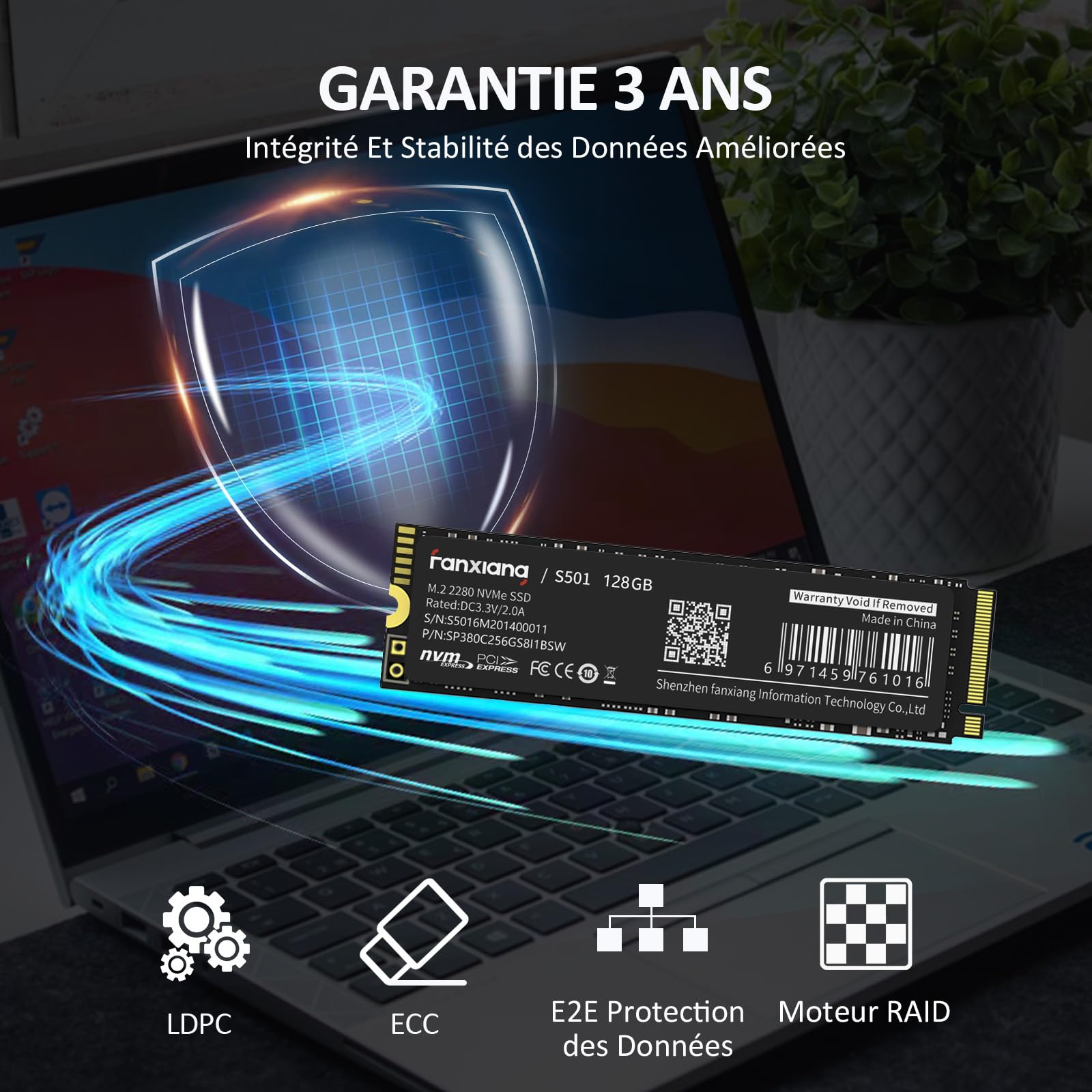 fanxiang S501 SSD NVMe 128Go M.2 PCIe Gen3.0x4 2280 Interne, Jusqu’à 1200 Mo/s en Lecture, Disque Dur SSD Compatible avec Ordinateurs Portables, PC et Ordinateurs de Bureau