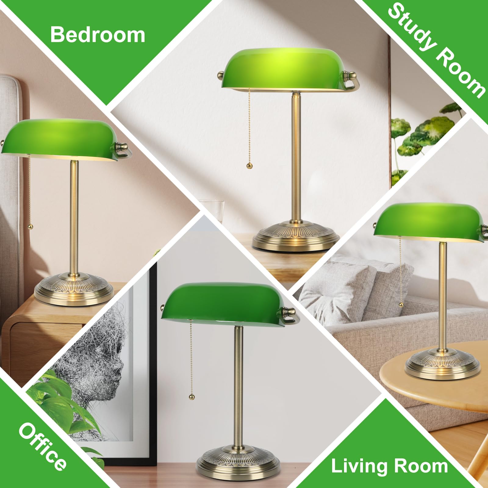 Bankers Lampe, grüne Schreibtischlampe mit Messing-Finish, klassische Tischlampe mit Zugschalter für Zuhause, Büro, Arbeitszimmer (Grün)