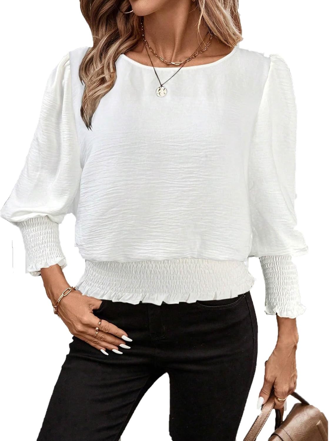 Banded Bottom Tops for Women Smocked Tops Elastic Cinched Waist Top Dressy Blouse Long Sleeve Casual Outfits Clothes