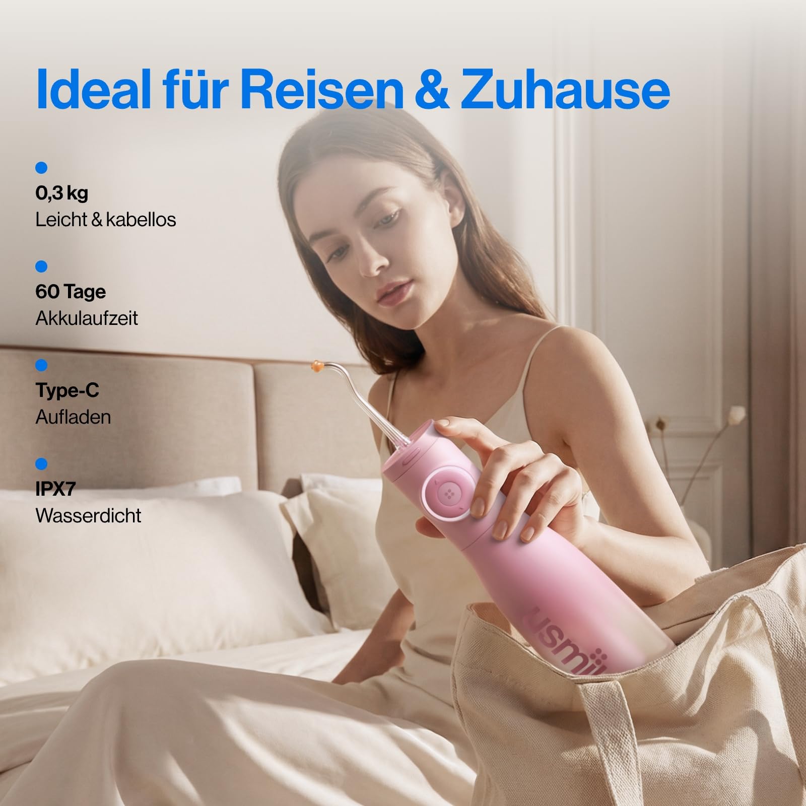 usmile C30 Munddusche Kabellos, 300 ml, 5 Druckstufen, Rosa | S-Düsen für Zahnspangen & Invisalign, USB-C wiederaufladbar, IPX7 wasserdicht, ideal für Reisen und Zuhause
