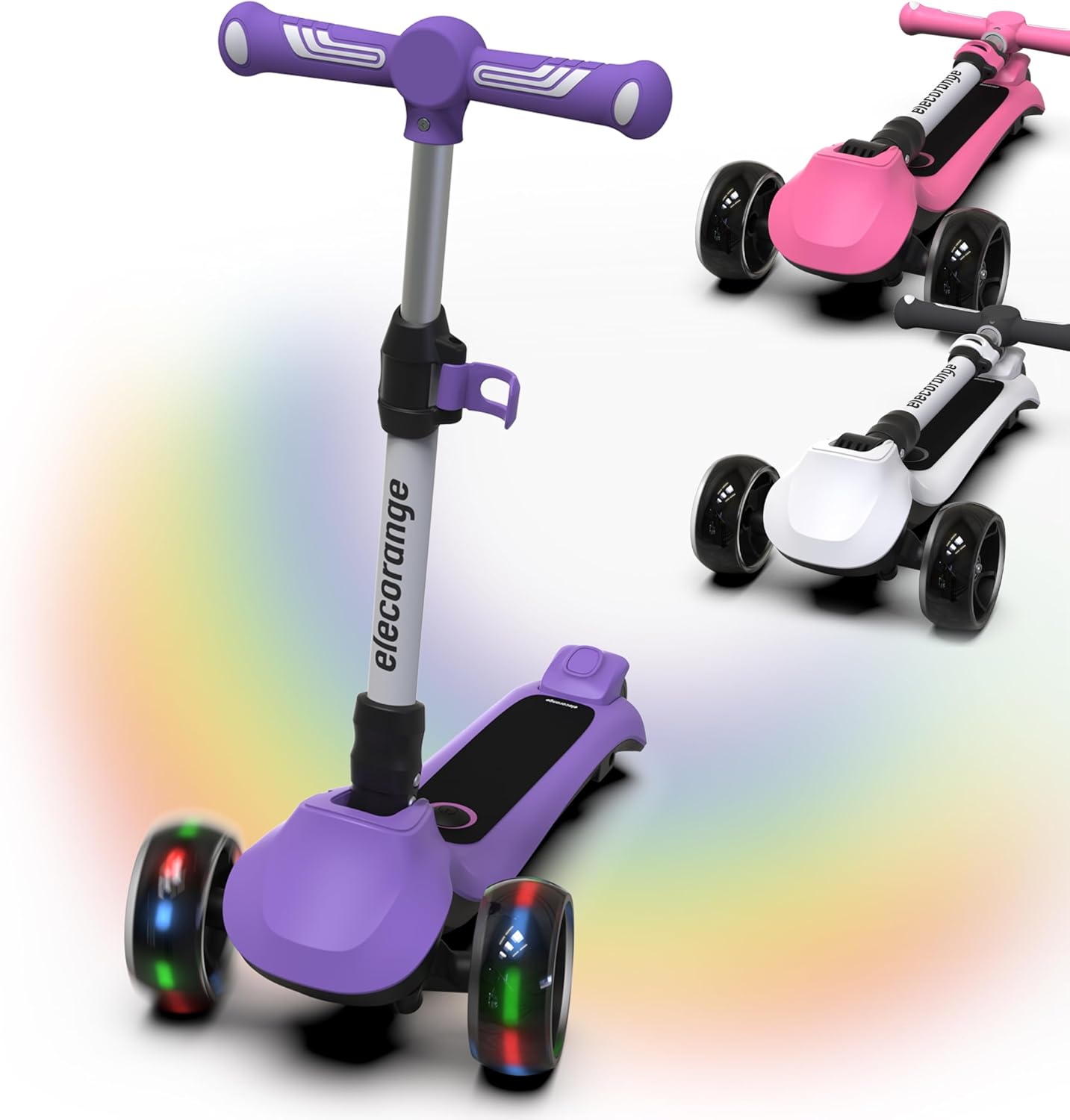 Elecorange T200/T500 Balance Electric Scooter for Kids Age 4-9, 2 Types Front Wheels, Electric Horn, Full Body Lights Up, Wide Deck, 5Mph Safe Speed, 70min Riding, Foldable Kick Scooter Boys & Girl Purple T200-Entry level