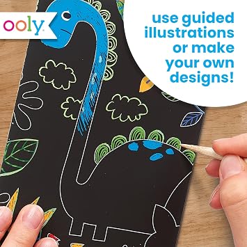 Ooly Mini Scratch & Scribble Art Kit - 6 Card Rainbow Scratch Art Set Gifts for Kids, Travel-Friendly Craft Kit, Scratching Tool Included - Dino Days
