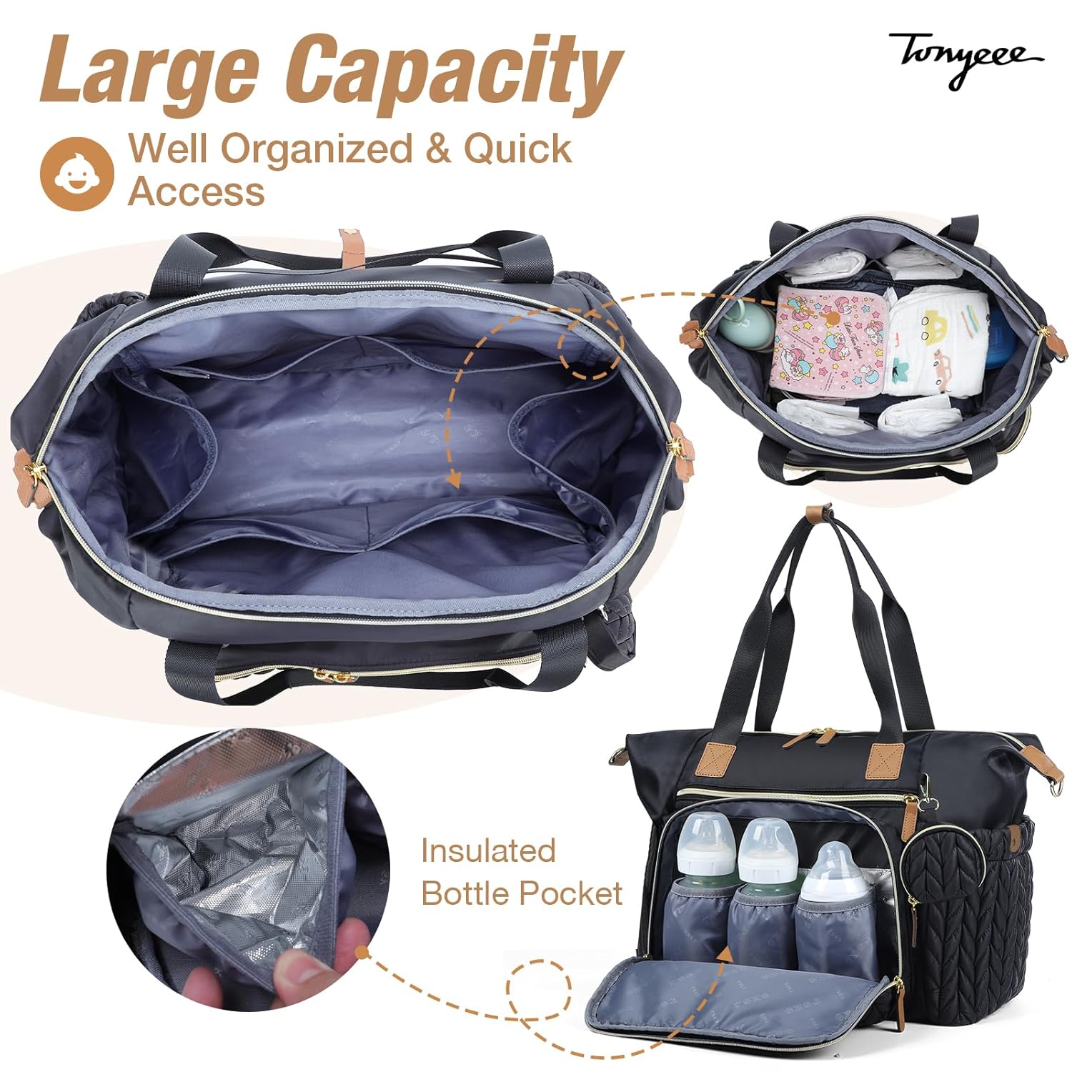 Diaper Bag Tote, Large Diaper Bags Waterproof, Hospital Bag for Labor Delivery, Baby Bag with Pacifier Case, Travel Diaper Tote with Changing Pad, Black - Image 3