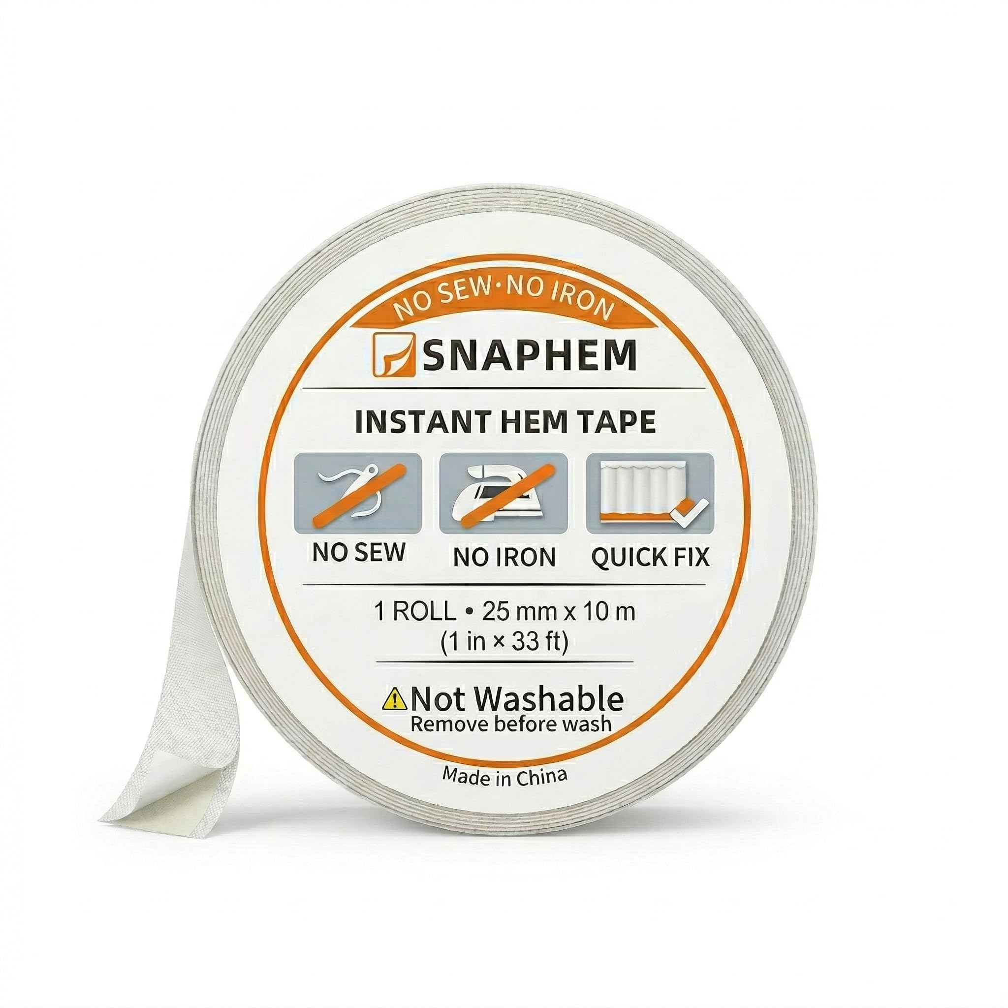SNAPHEM Curtain Hemming Tape No Sew No Iron, Non-Washable - Hemming Tape for Curtains, Dresses & Trousers - Double Sided Fabric Tape, Light to Medium Fabrics (Cotton, Linen, Voile), 25mm x 10m