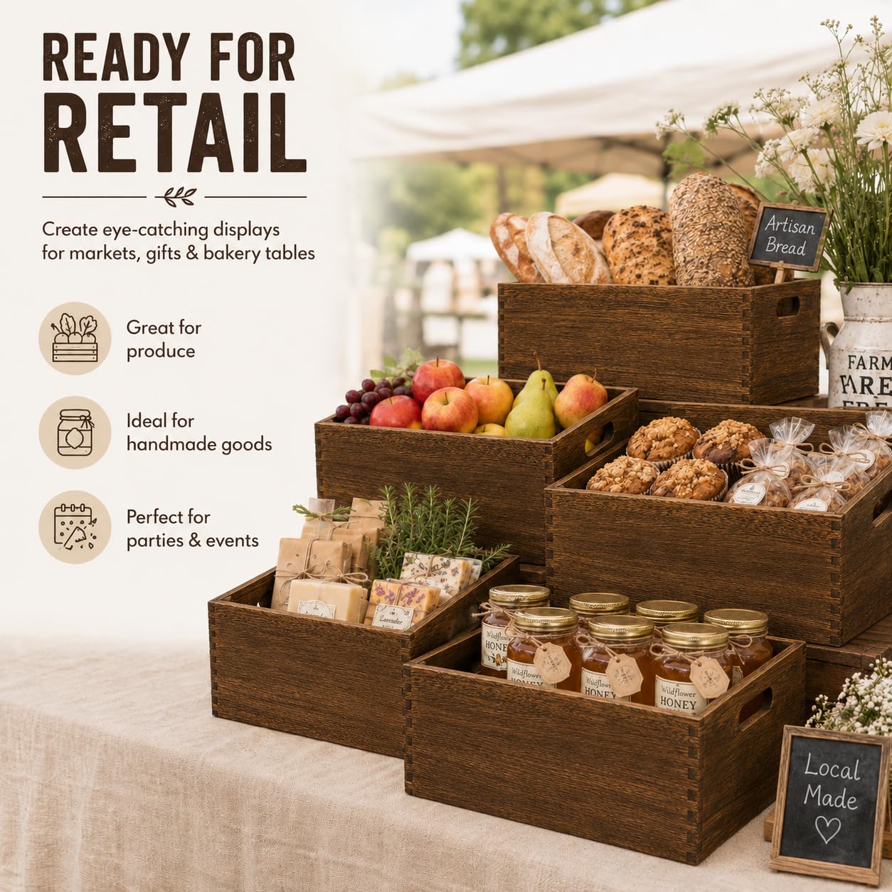 Cajas de madera para exhibición, paquete de 5 cestas de madera rústicas extragrandes con asa, caja de madera de granja para almacenamiento y contenedor, cesta de madera multiusos para