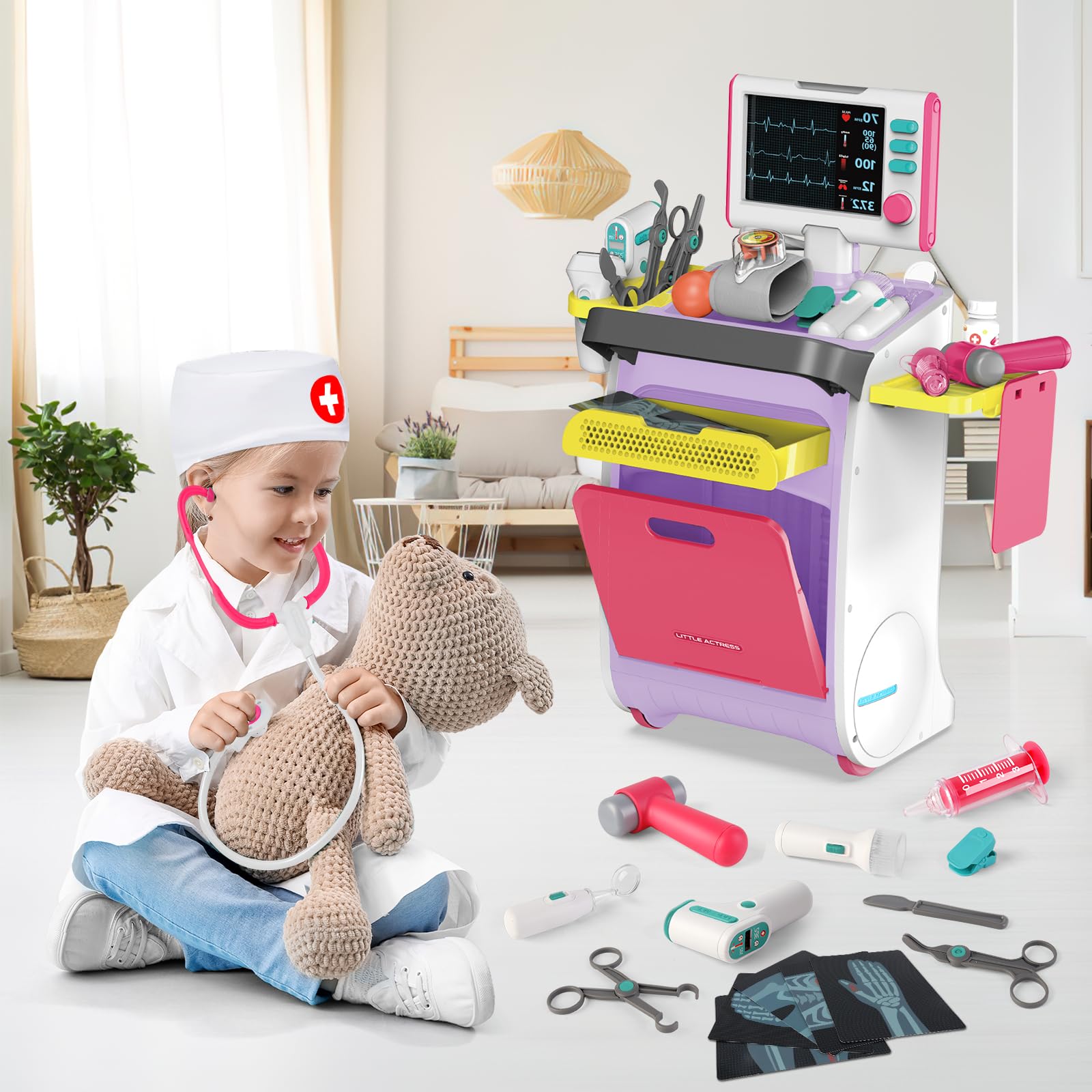 deAO Valigetta Dottore Bambini, Carrello Medico Giocattolo con Stetoscopio | Kit Dottoressa Bambina con Camice da Medico, Simulazione Dottore Accessori, Gioco di Ruolo Regalo (Rosa)